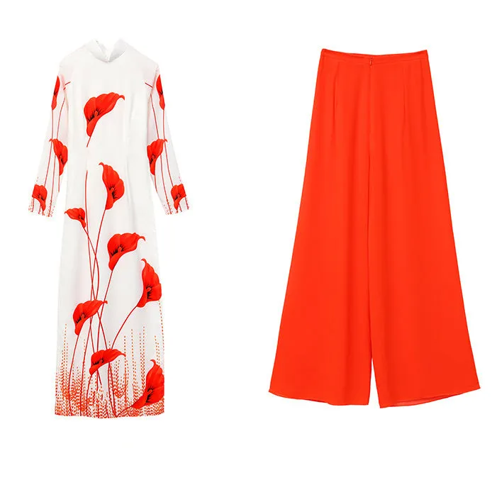 Lily Print Long Sleeve Full Length Chiffon Ao Dai Dress