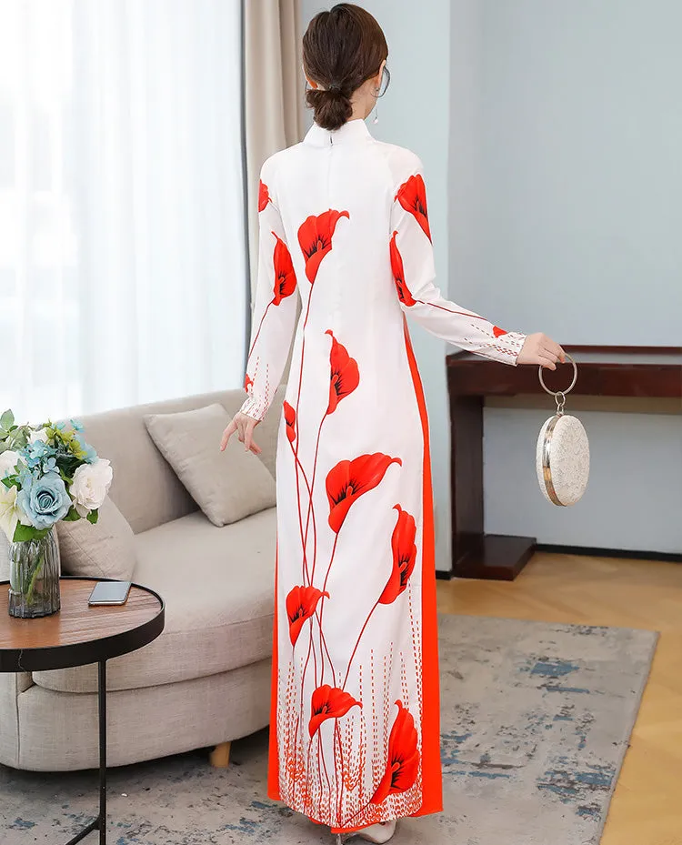 Lily Print Long Sleeve Full Length Chiffon Ao Dai Dress