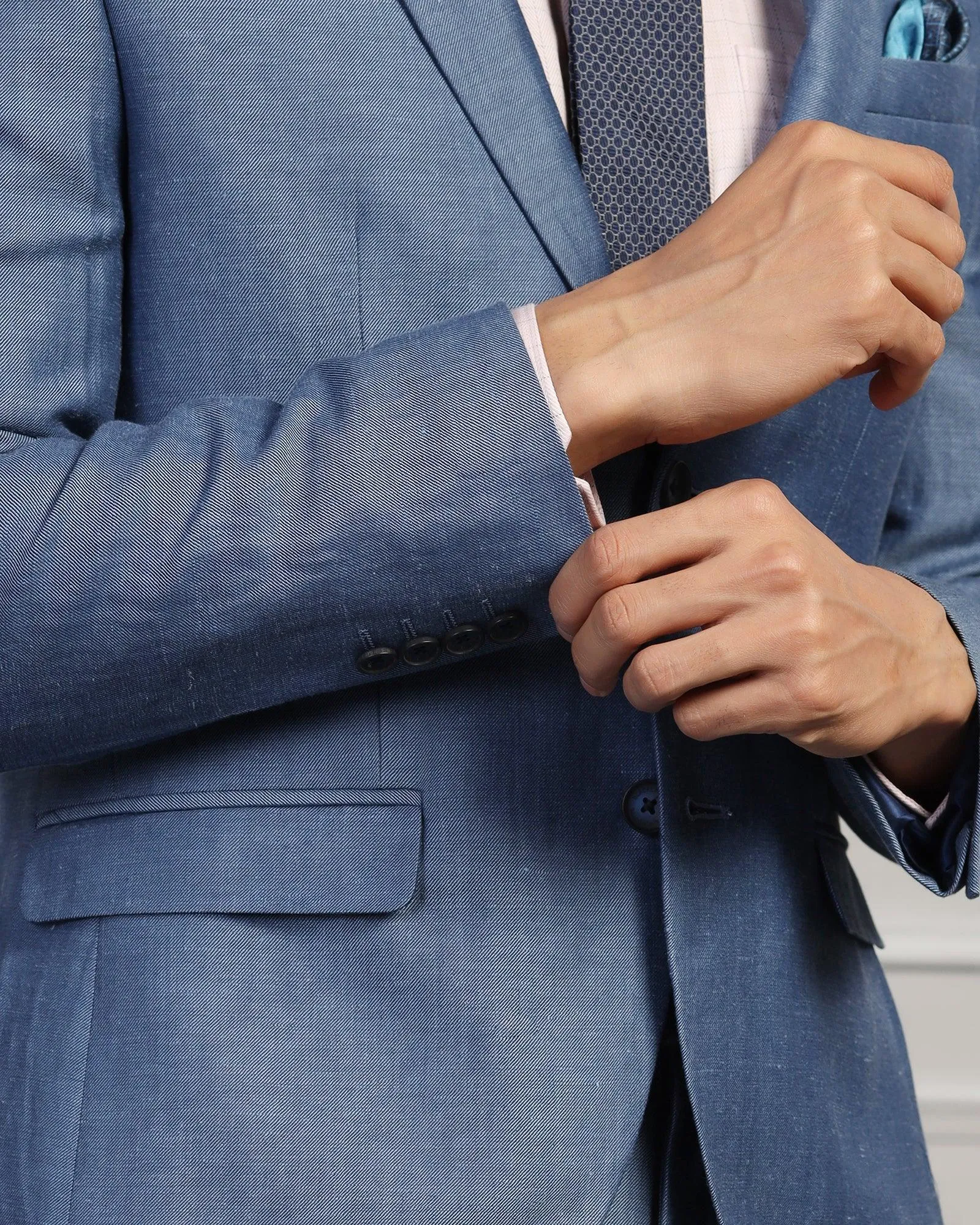 Linen Two Piece Blue Solid Formal Suit - Twipe