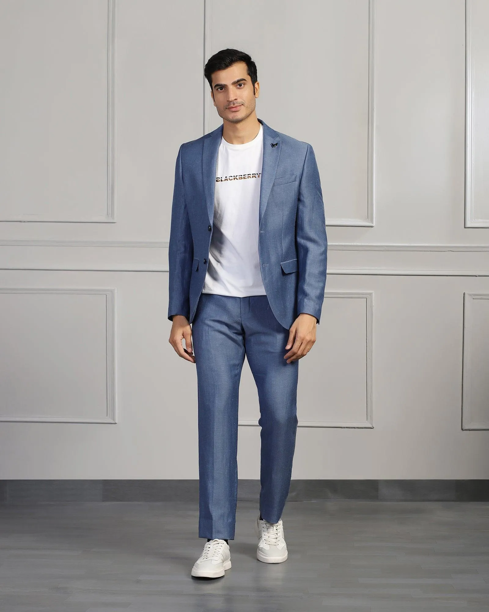 Linen Two Piece Blue Solid Formal Suit - Twipe