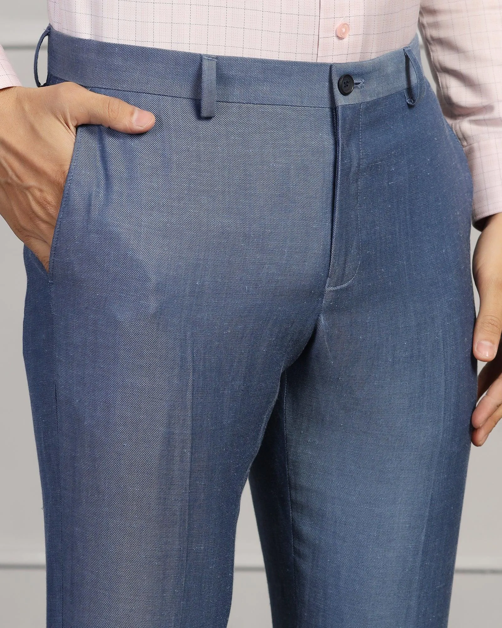 Linen Two Piece Blue Solid Formal Suit - Twipe