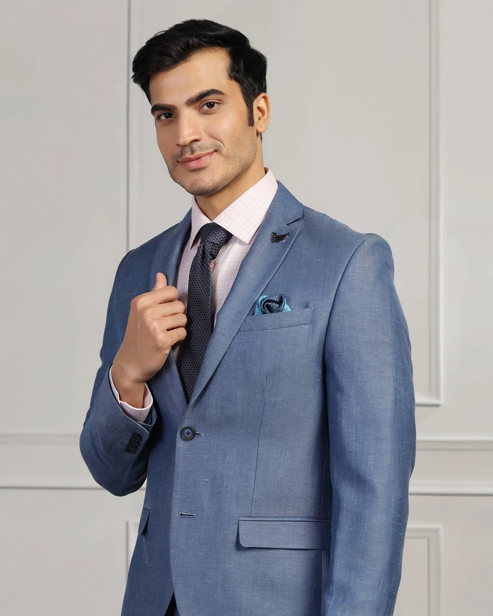 Linen Two Piece Blue Solid Formal Suit - Twipe