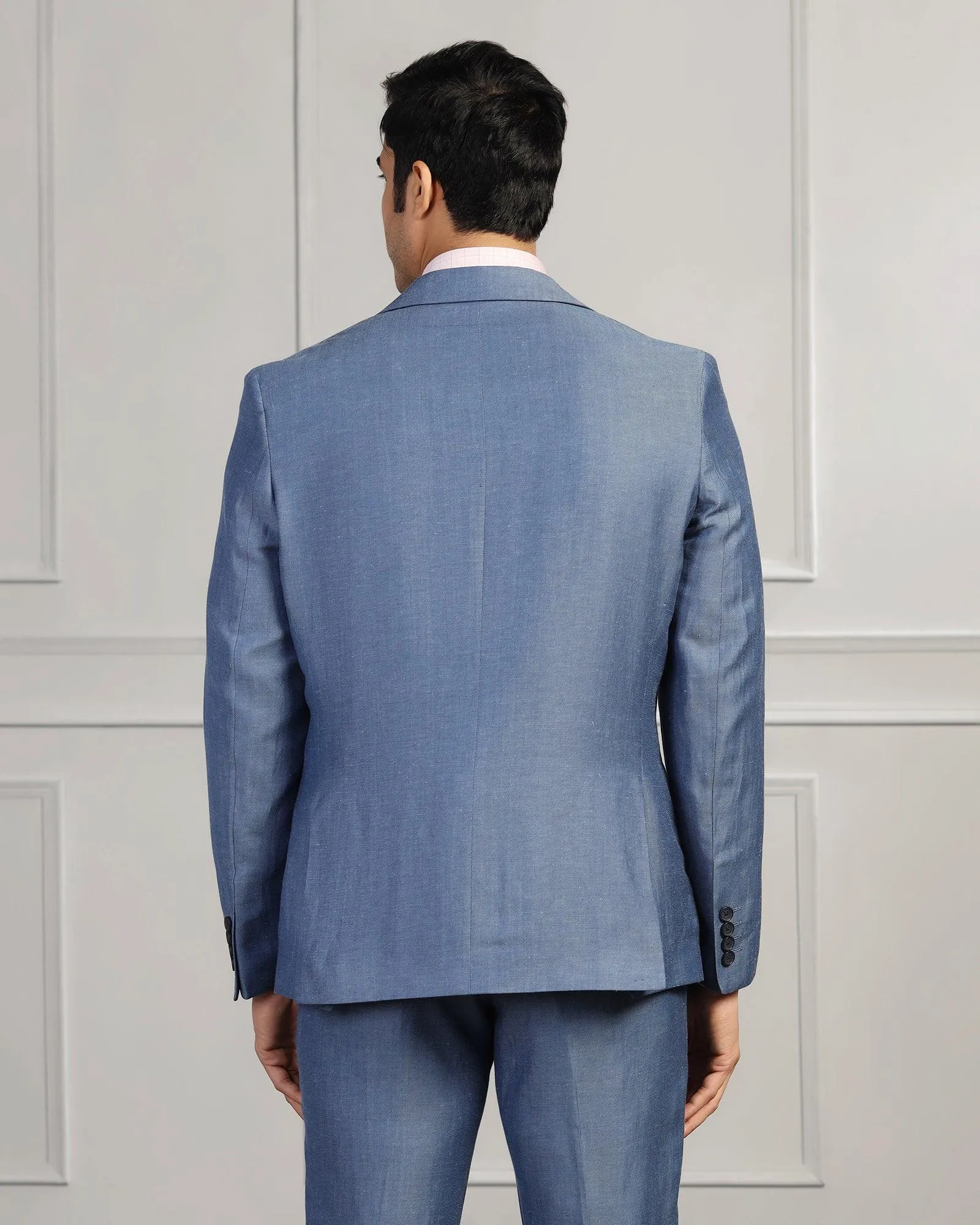 Linen Two Piece Blue Solid Formal Suit - Twipe