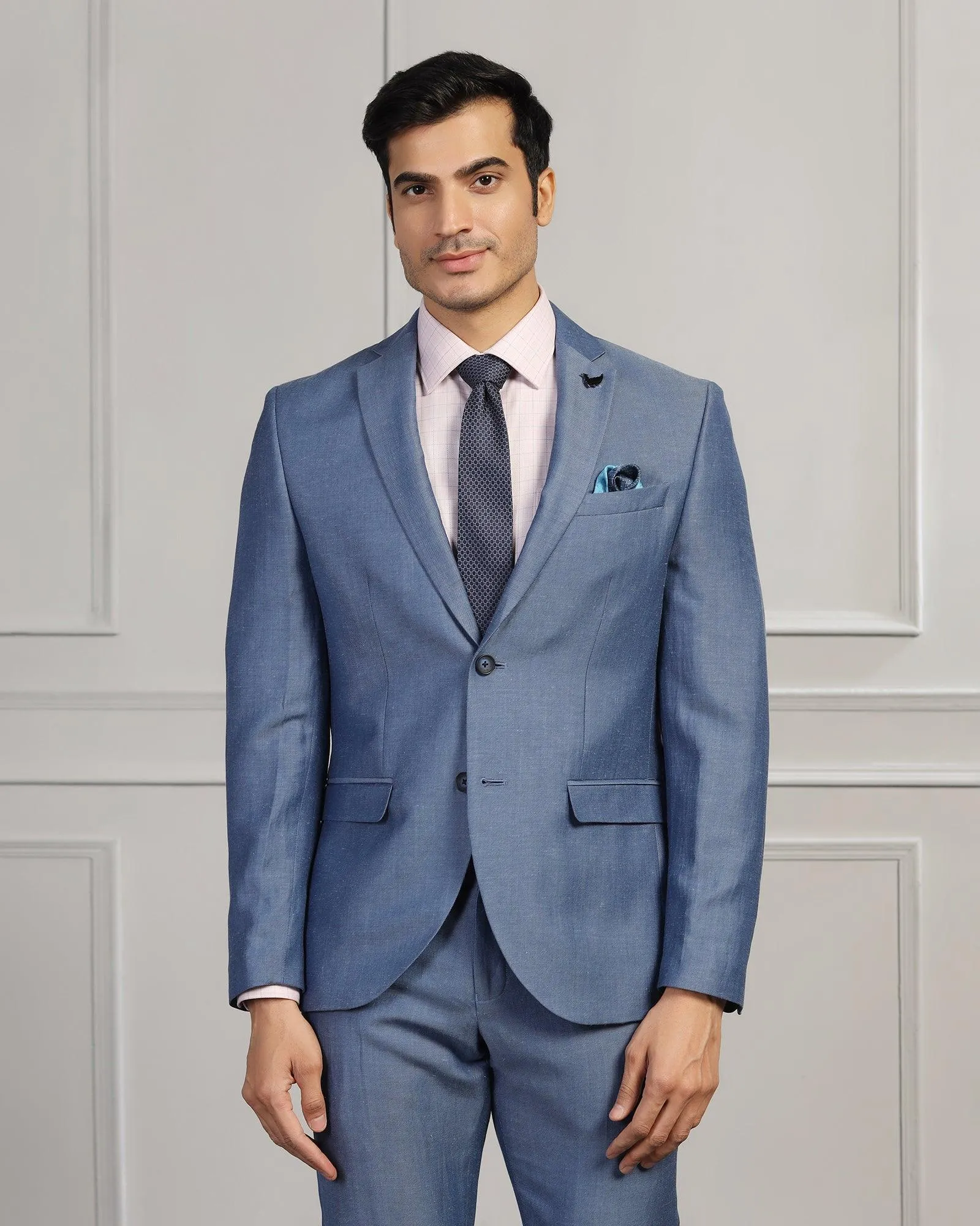Linen Two Piece Blue Solid Formal Suit - Twipe