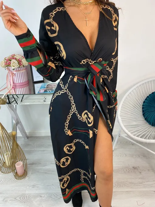 Long Sleeve Chain Baroque Print Dress