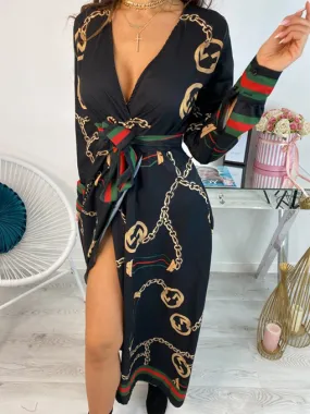 Long Sleeve Chain Baroque Print Dress