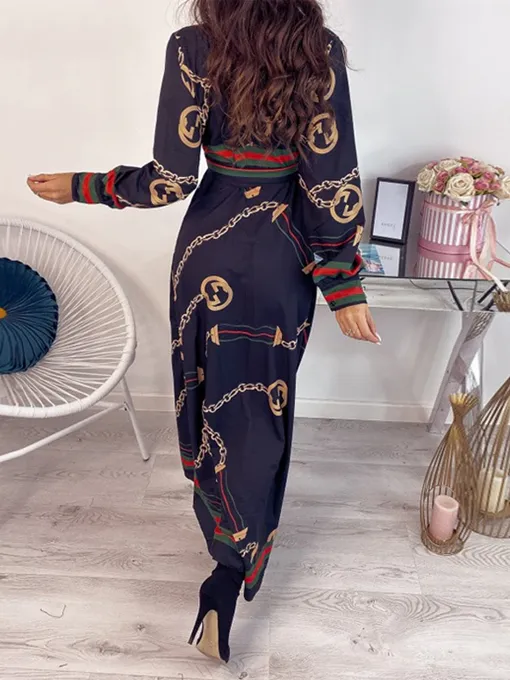 Long Sleeve Chain Baroque Print Dress