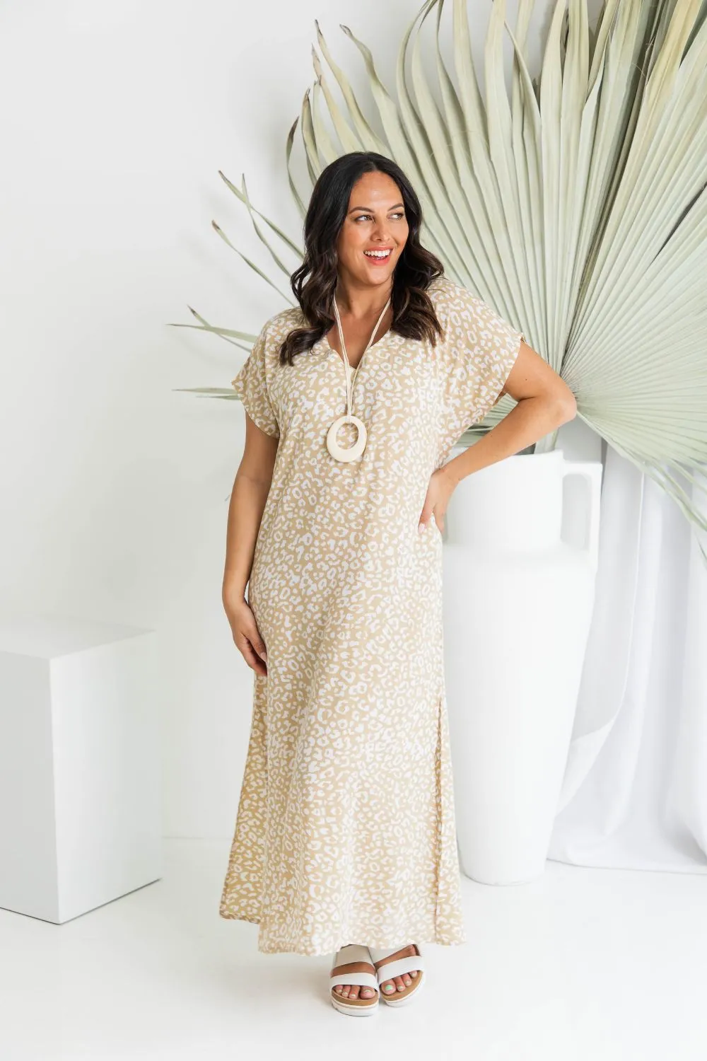 Long Summer Dress - Neutral Leopard