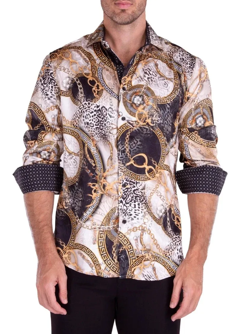 Men's Cheetah & Chain Silk Texture Long Sleeve Dress Shirt White Color