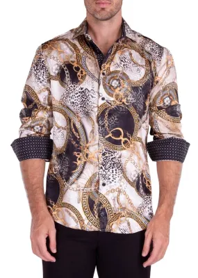 Men's Cheetah & Chain Silk Texture Long Sleeve Dress Shirt White Color
