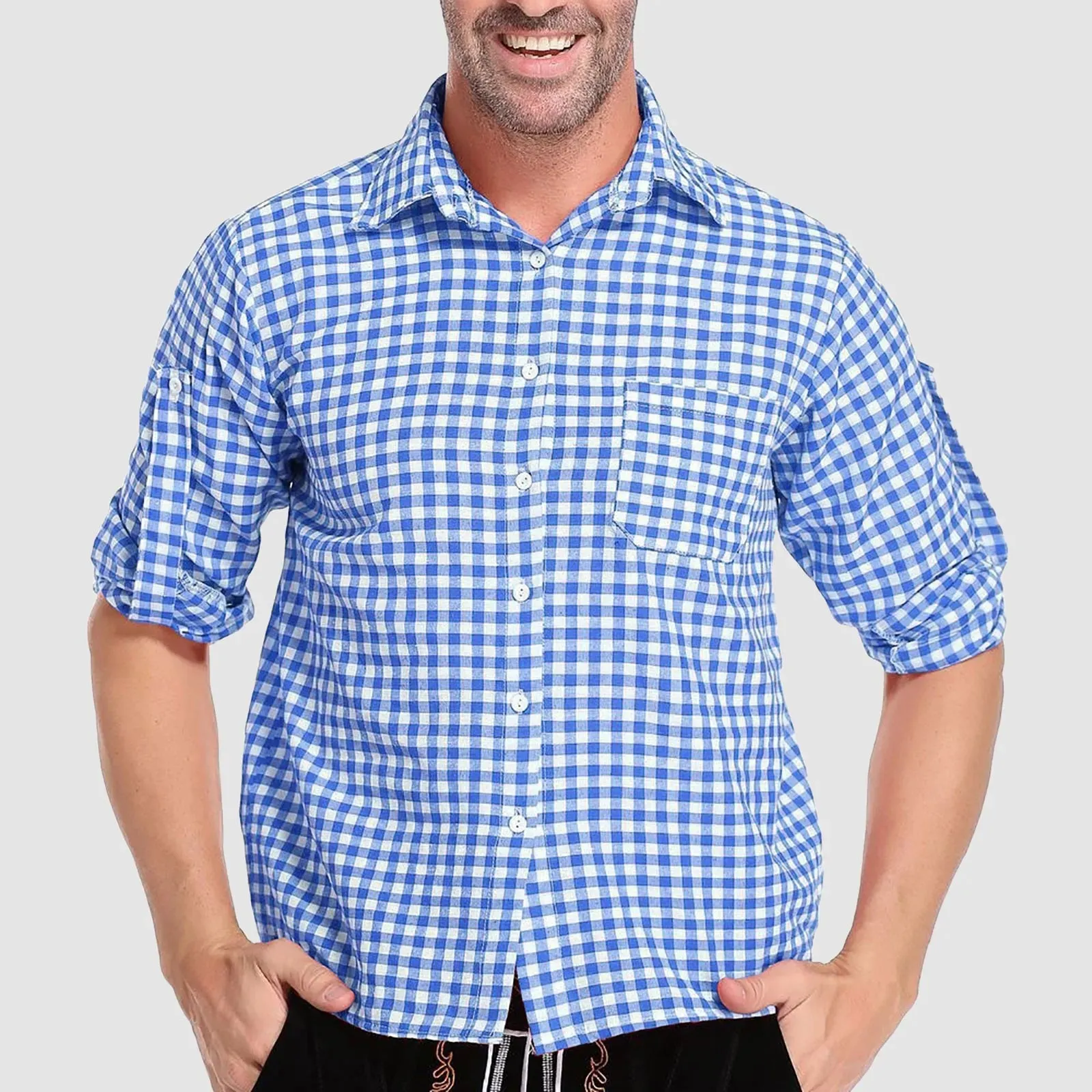 Men’s German Traditional Plaid Shirt – Oktoberfest Casual Beer Shirt with Pockets | Button Down Lapel Long Sleeve Shirt