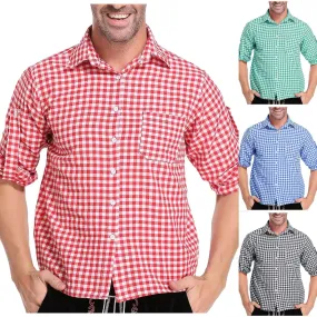 Men’s German Traditional Plaid Shirt – Oktoberfest Casual Beer Shirt with Pockets | Button Down Lapel Long Sleeve Shirt