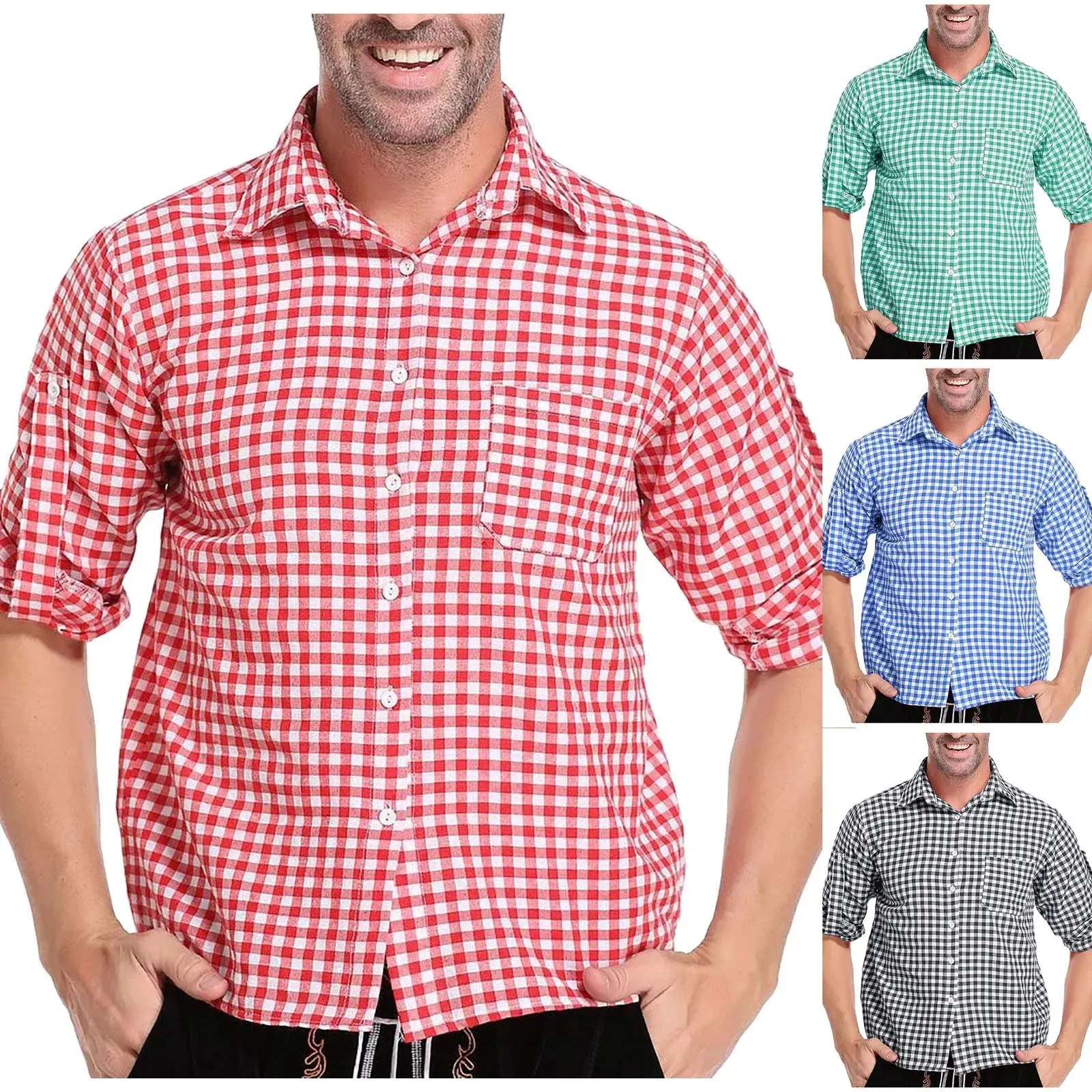 Men’s German Traditional Plaid Shirt – Oktoberfest Casual Beer Shirt with Pockets | Button Down Lapel Long Sleeve Shirt