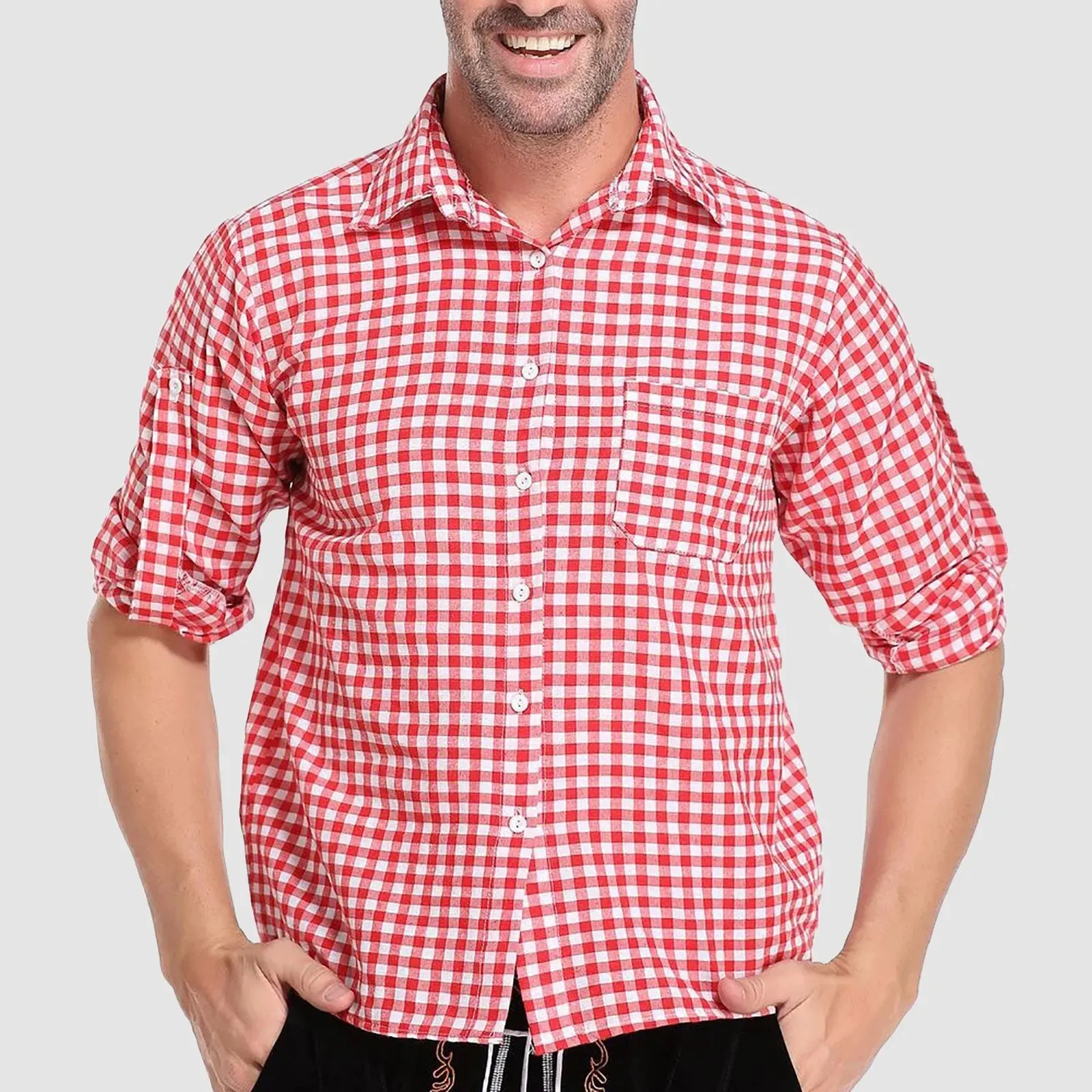 Men’s German Traditional Plaid Shirt – Oktoberfest Casual Beer Shirt with Pockets | Button Down Lapel Long Sleeve Shirt