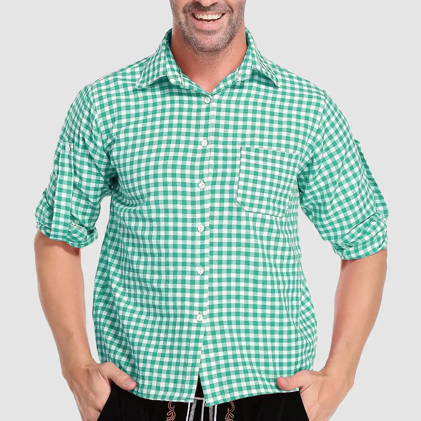 Men’s German Traditional Plaid Shirt – Oktoberfest Casual Beer Shirt with Pockets | Button Down Lapel Long Sleeve Shirt