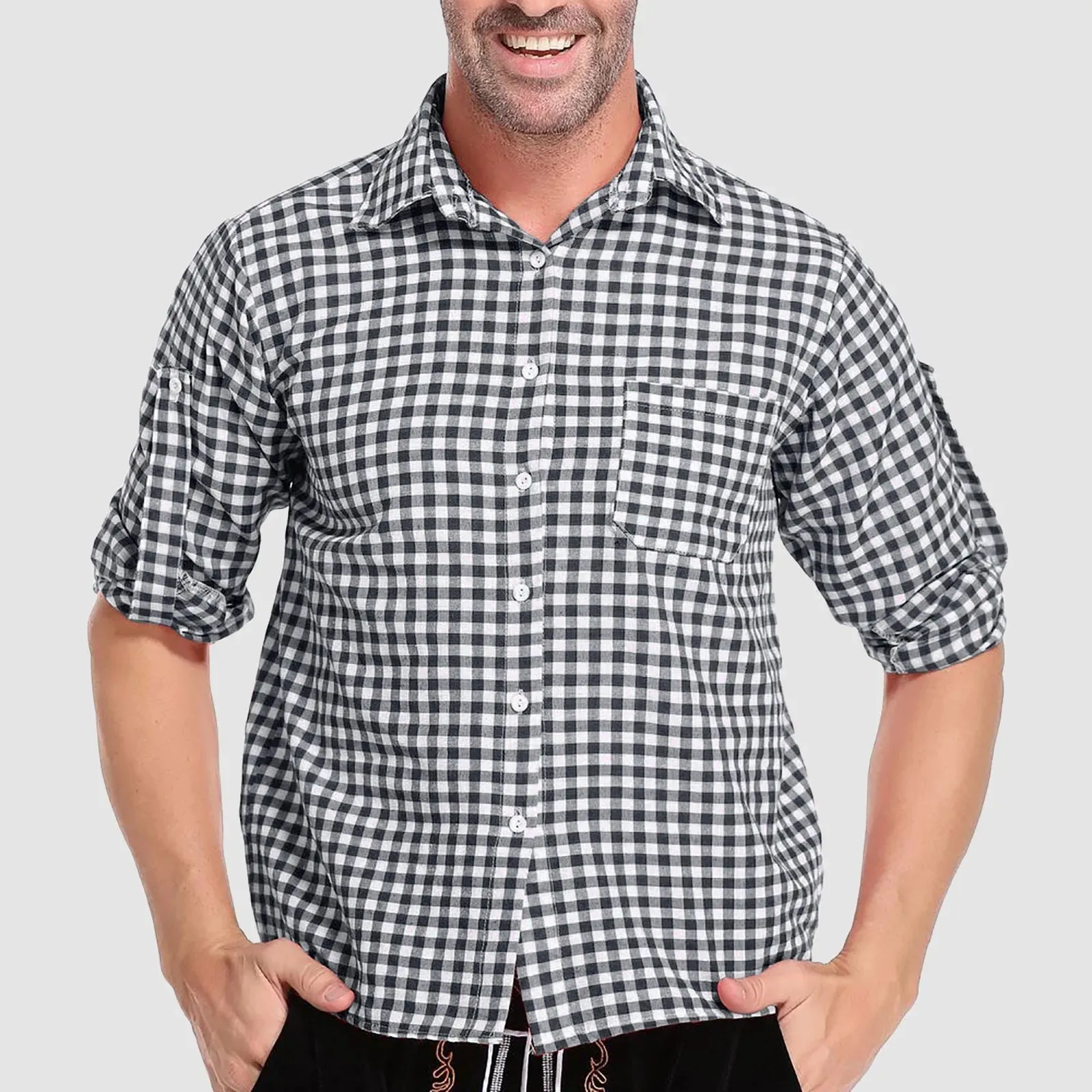 Men’s German Traditional Plaid Shirt – Oktoberfest Casual Beer Shirt with Pockets | Button Down Lapel Long Sleeve Shirt