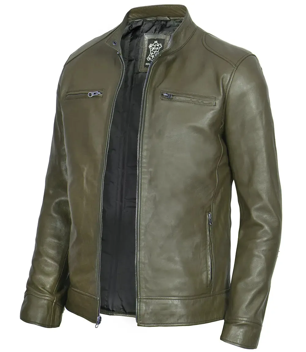 Men's Green Cafe Racer Real Leather Jacket - Premium Vintage Style Motorcycle Jacket