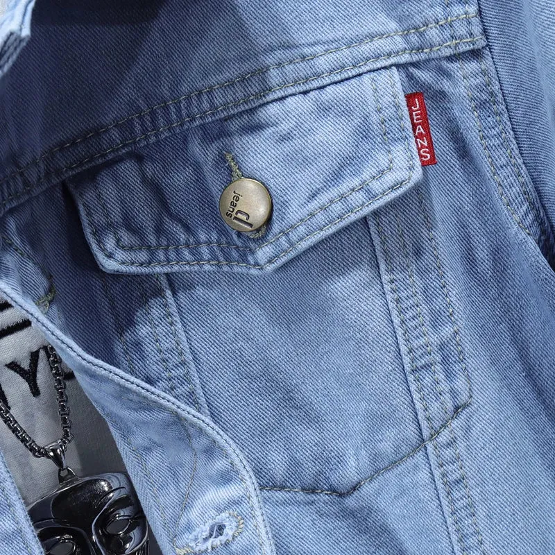 Men's Plus Size Denim Jacket - Light Blue Casual Motorcycle Style, Korean Fashion, Sizes M-5XL, Spring Wear