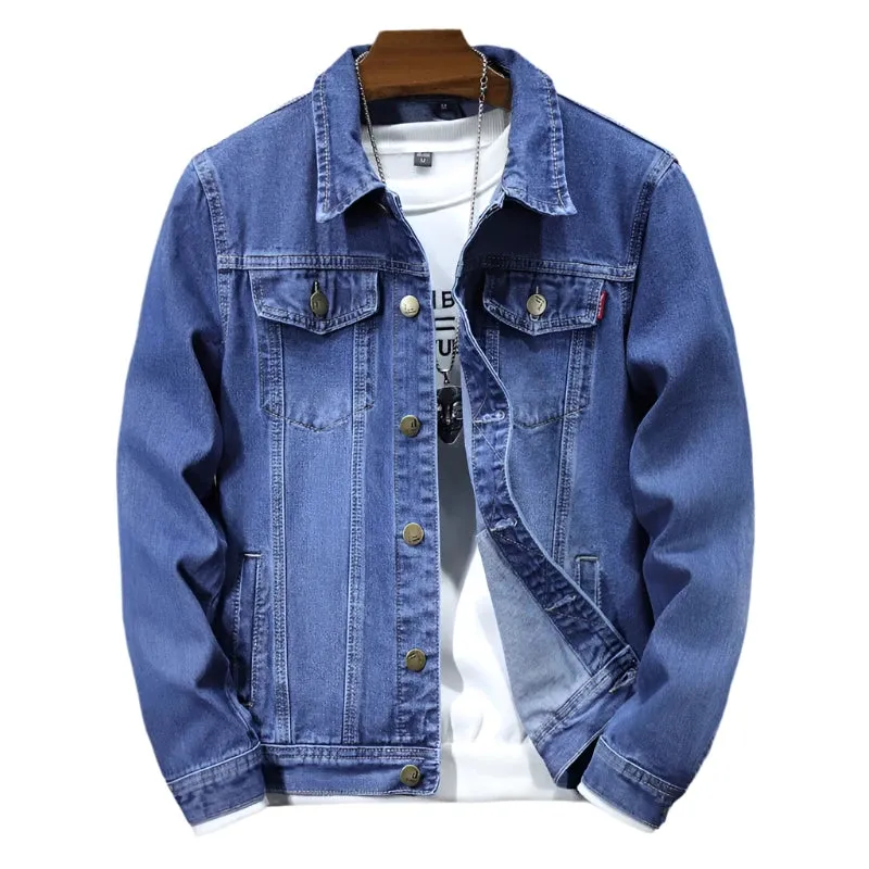 Men's Plus Size Denim Jacket - Light Blue Casual Motorcycle Style, Korean Fashion, Sizes M-5XL, Spring Wear