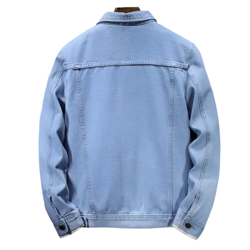 Men's Plus Size Denim Jacket - Light Blue Casual Motorcycle Style, Korean Fashion, Sizes M-5XL, Spring Wear