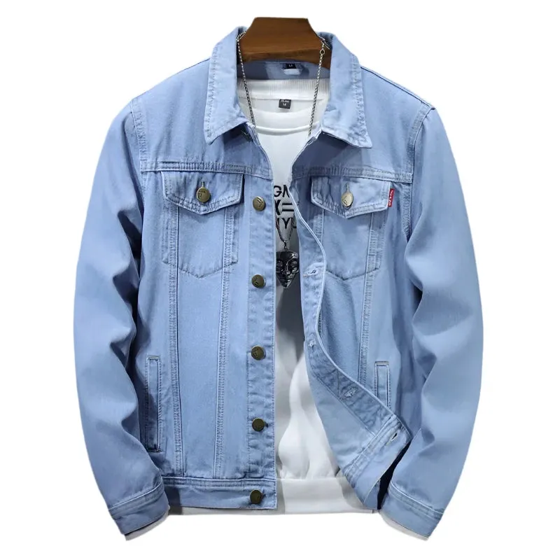 Men's Plus Size Denim Jacket - Light Blue Casual Motorcycle Style, Korean Fashion, Sizes M-5XL, Spring Wear