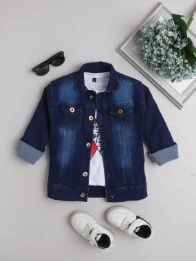 Ministitch white Tshirt and Navy Blue Denim jacket set for boys