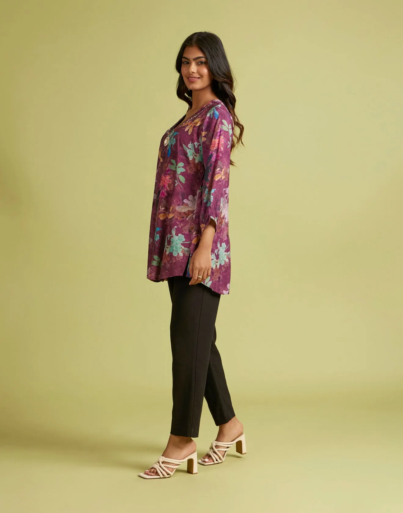 Misty Plum Printed Crepe Tunic Top