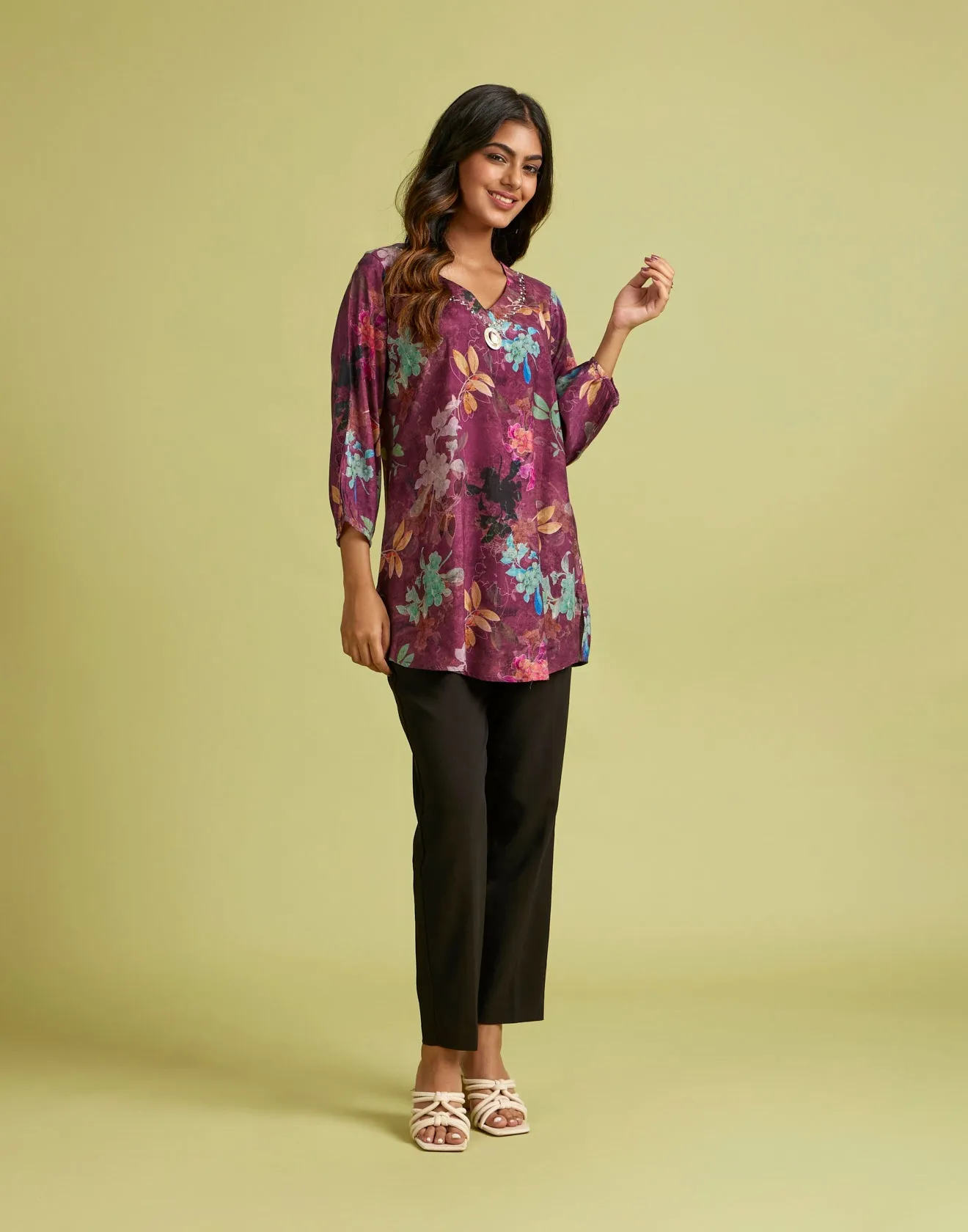 Misty Plum Printed Crepe Tunic Top