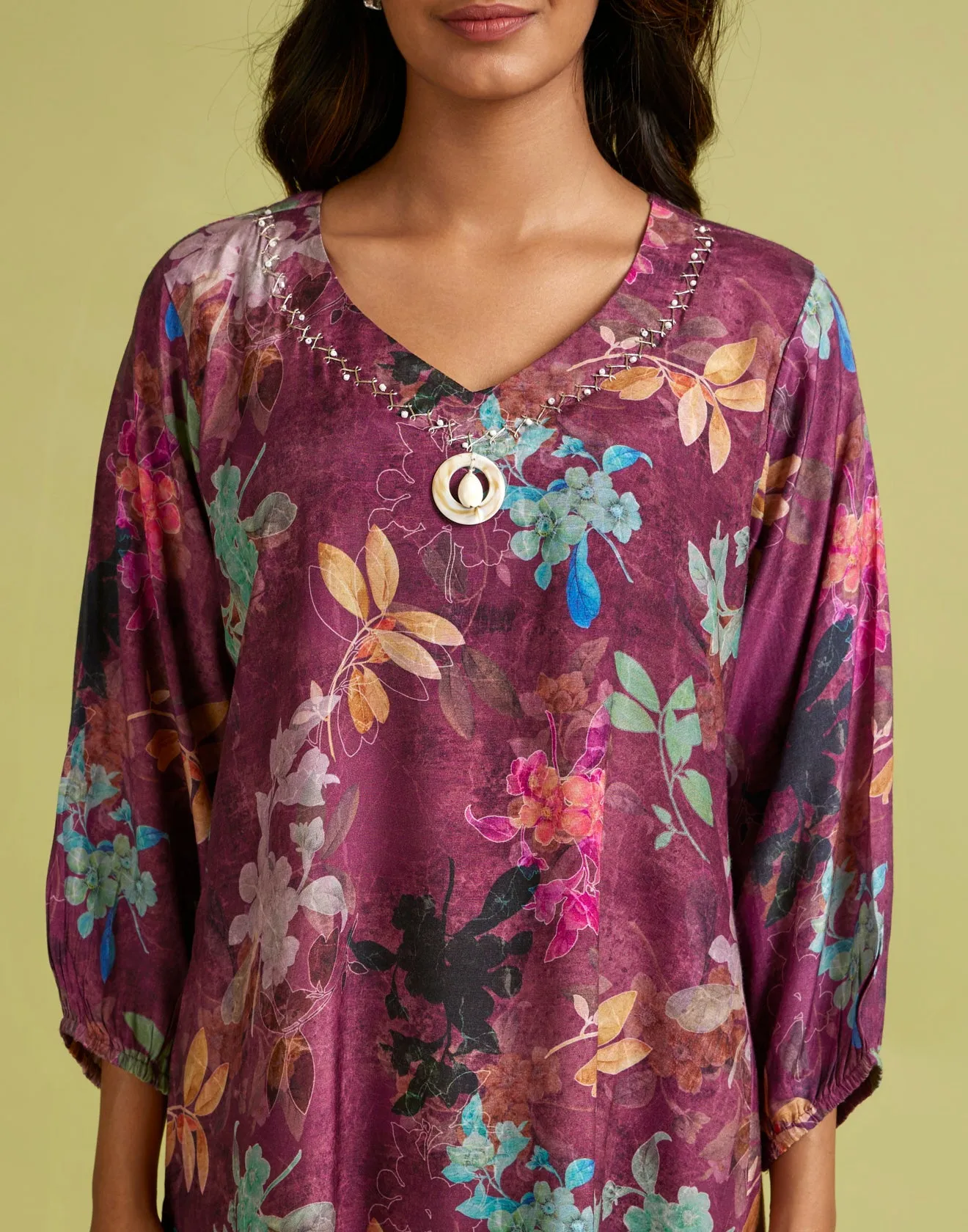 Misty Plum Printed Crepe Tunic Top