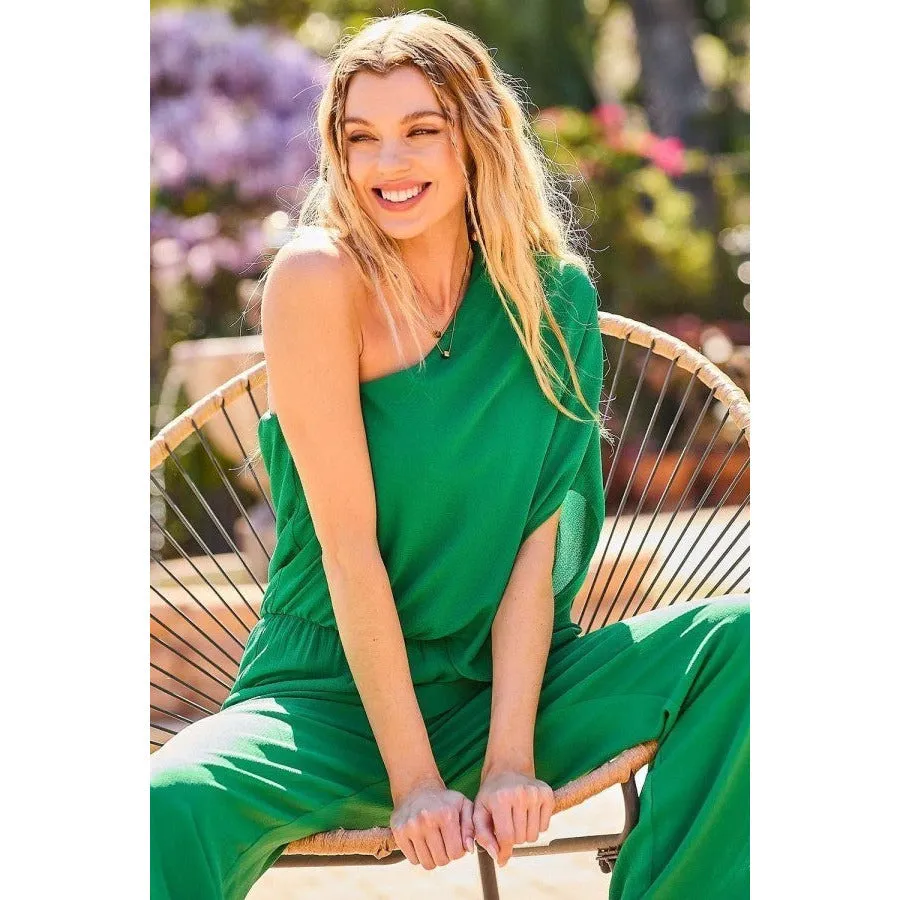 One Shoulder 3/4 Sleeve Unbalanced Waist Elastic Solid Pants Jumpsuit