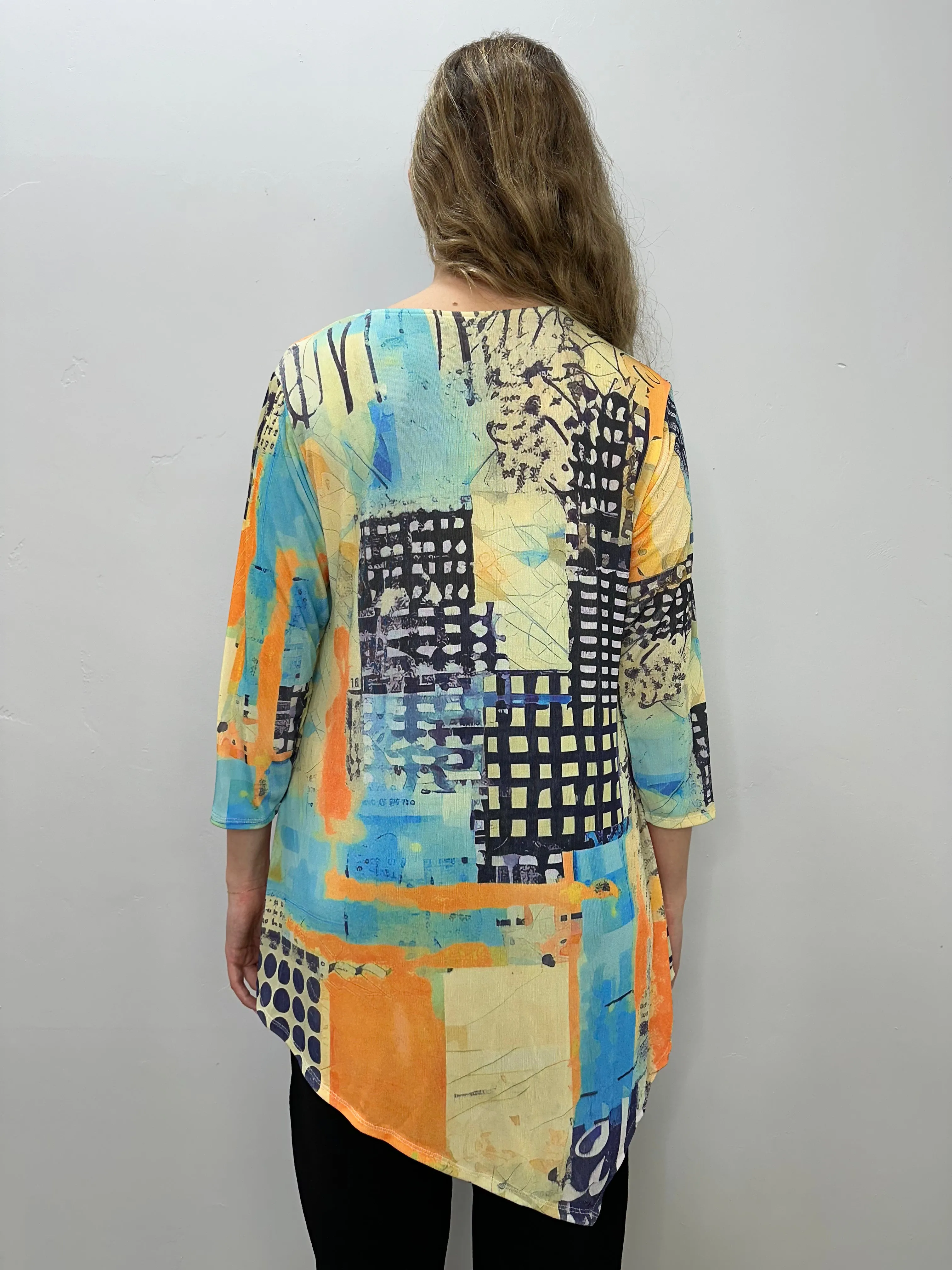 Orange and Yellow Pattern 3/4 Sleeve Crew Neck Slinky Tunic