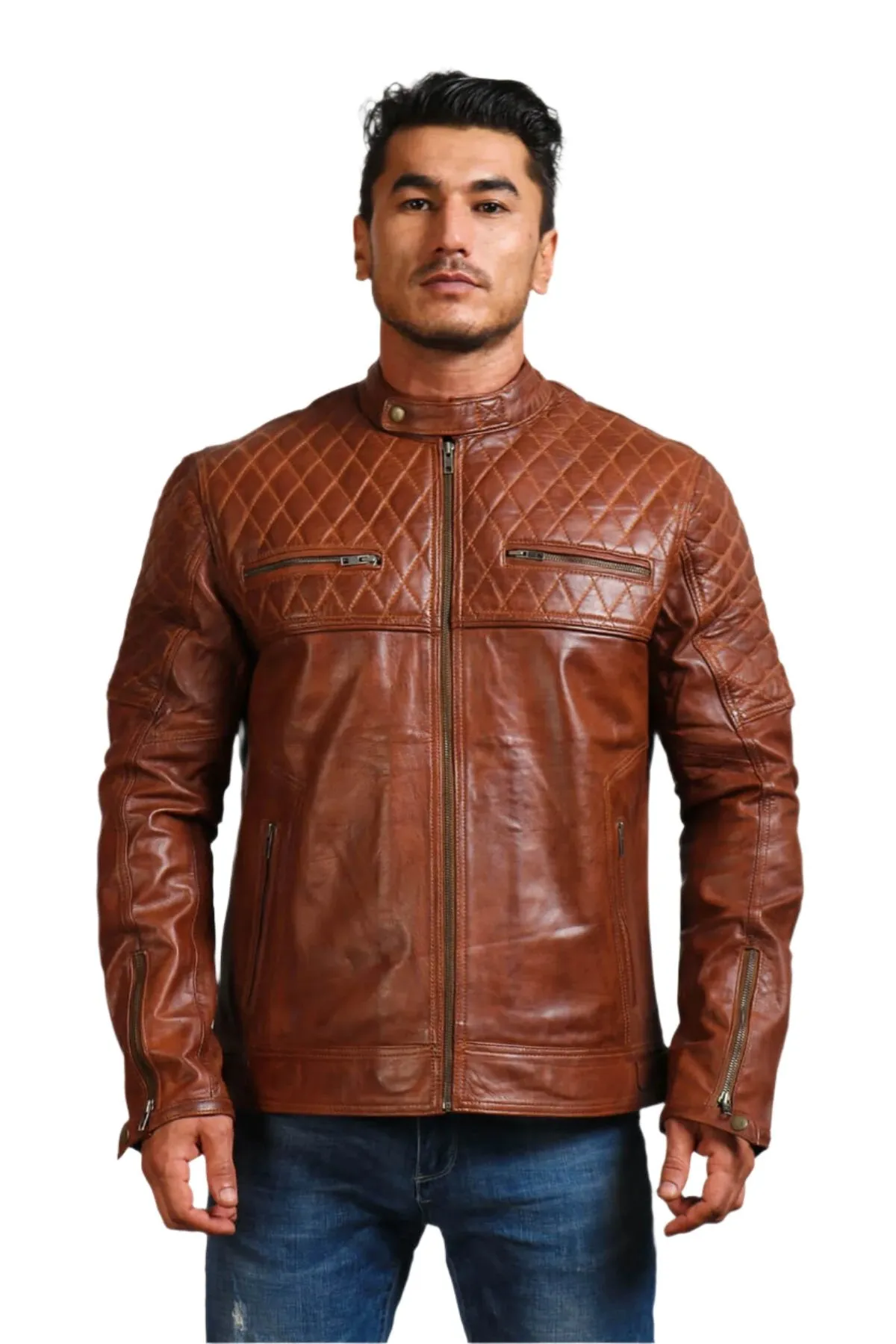 Orith Brown Biker Quilted Leather Jacket