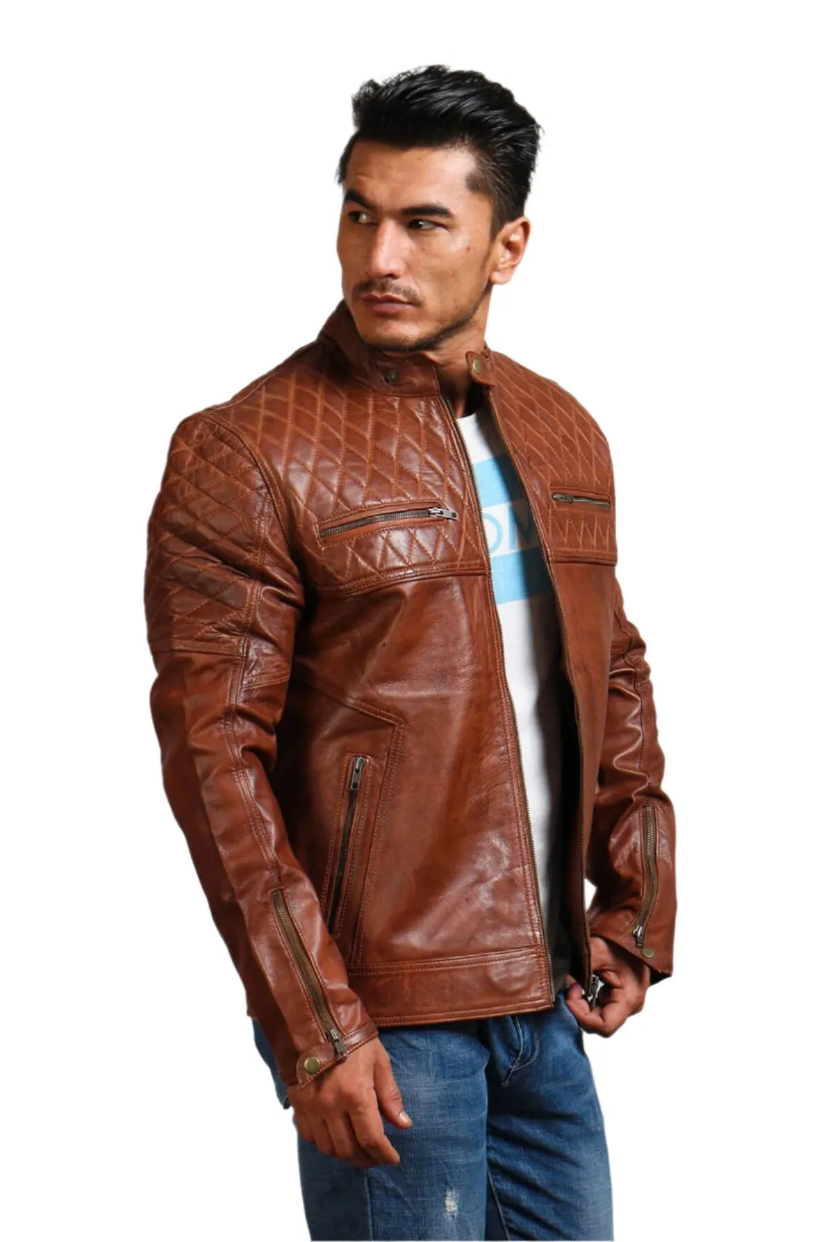 Orith Brown Biker Quilted Leather Jacket