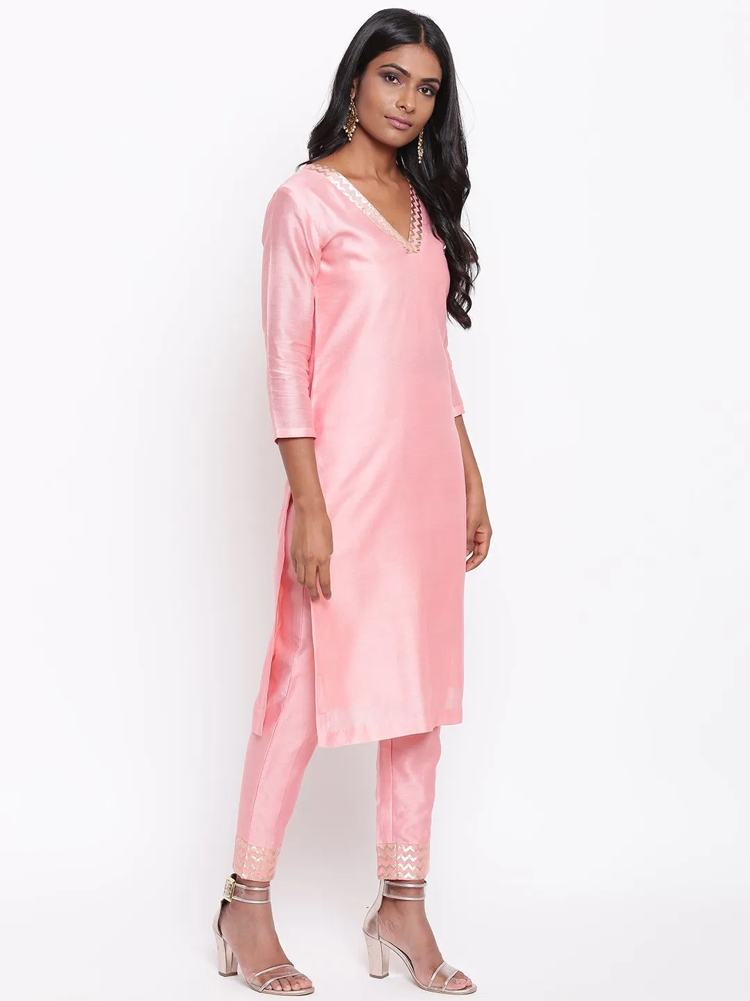 Pink Foil Neck Kurta Set