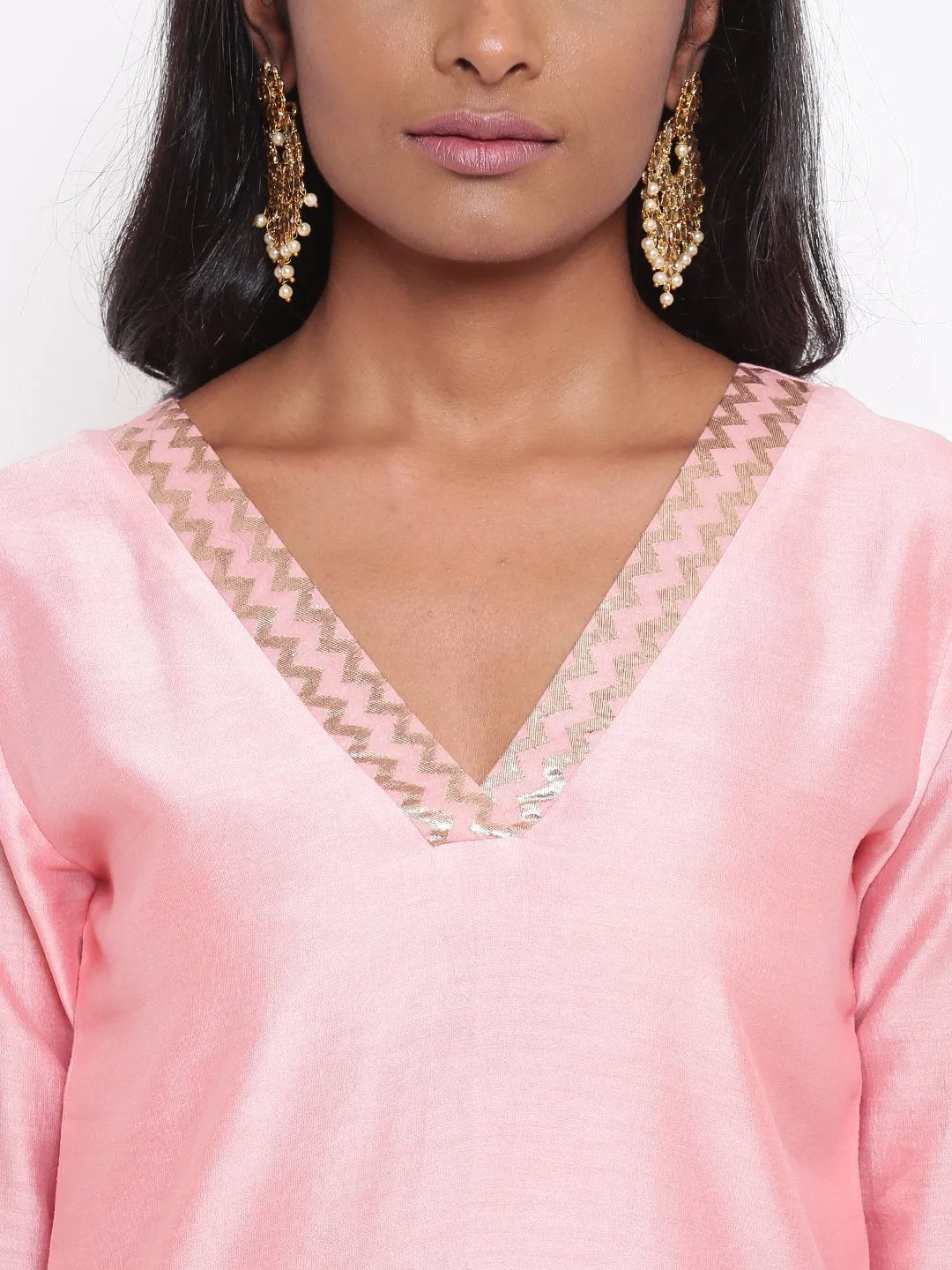 Pink Foil Neck Kurta Set