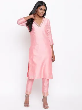 Pink Foil Neck Kurta Set