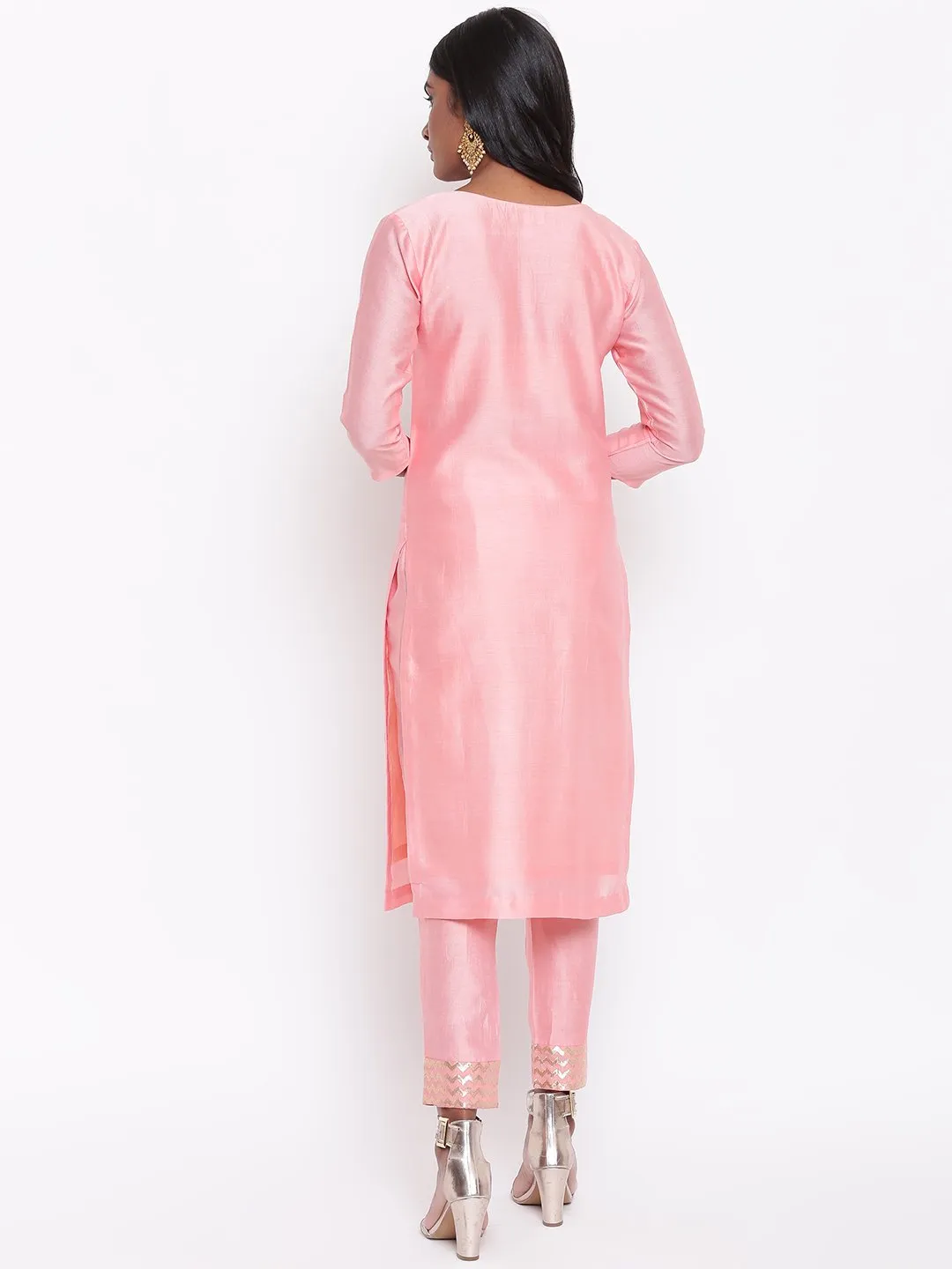 Pink Foil Neck Kurta Set