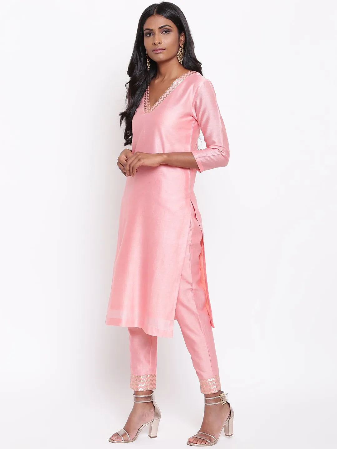 Pink Foil Neck Kurta Set