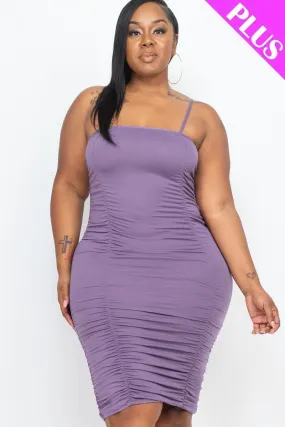 Plus Size Grape Purple Spaghetti Strap Double Ruched Front And Back Mini Bodycon Dress