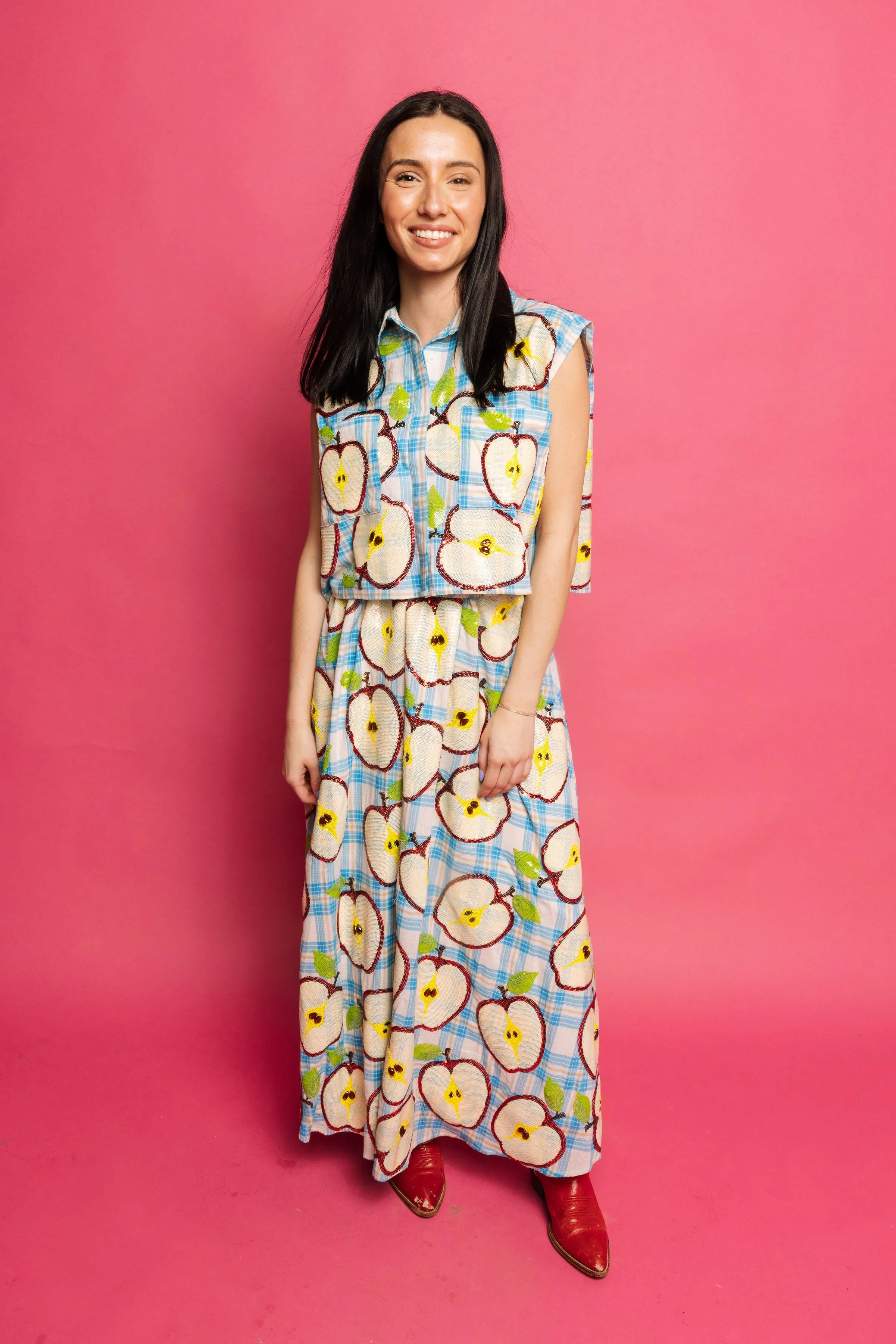Queen of Sparkles Blue Plaid Apple Slice Maxi Skirt