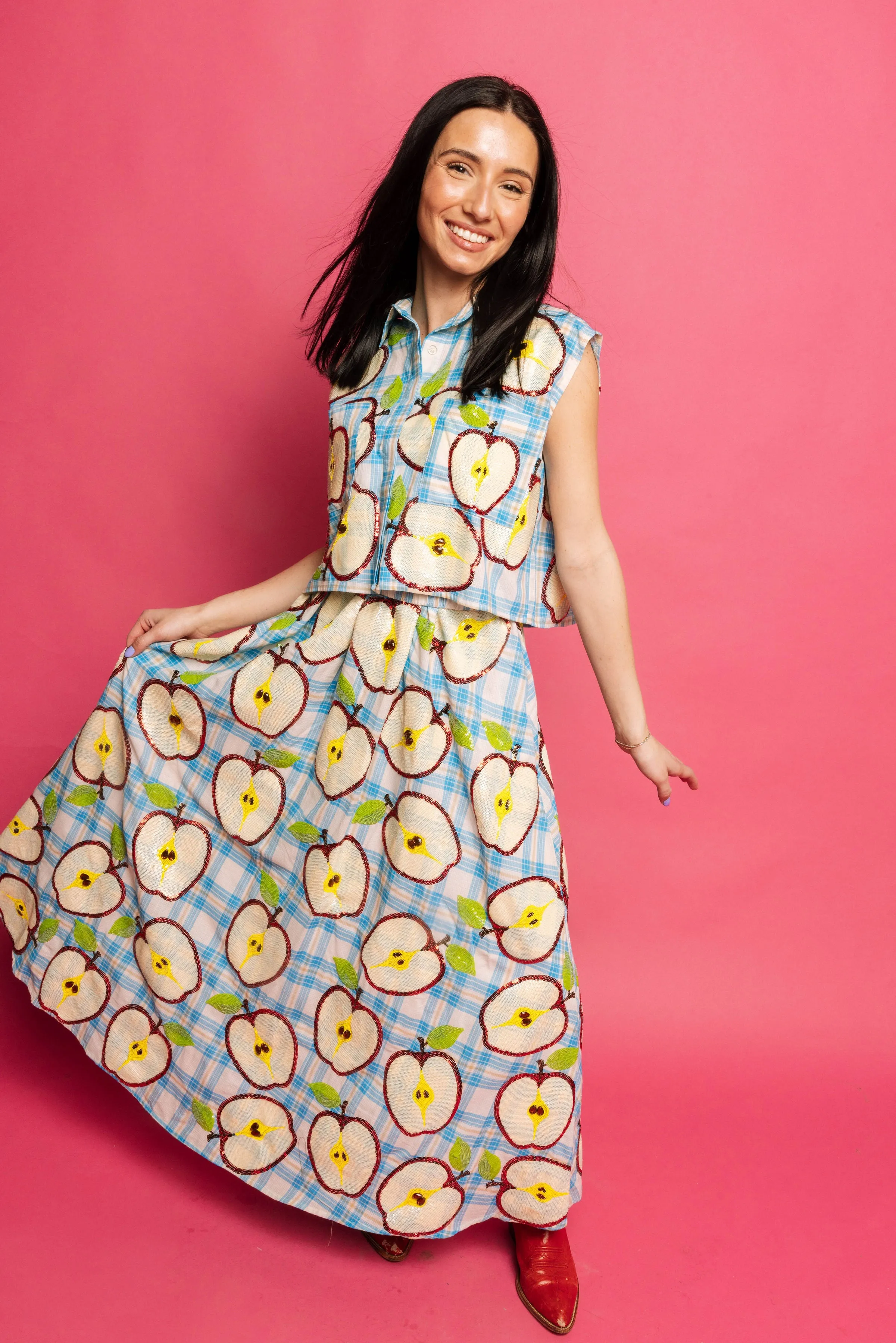 Queen of Sparkles Blue Plaid Apple Slice Maxi Skirt