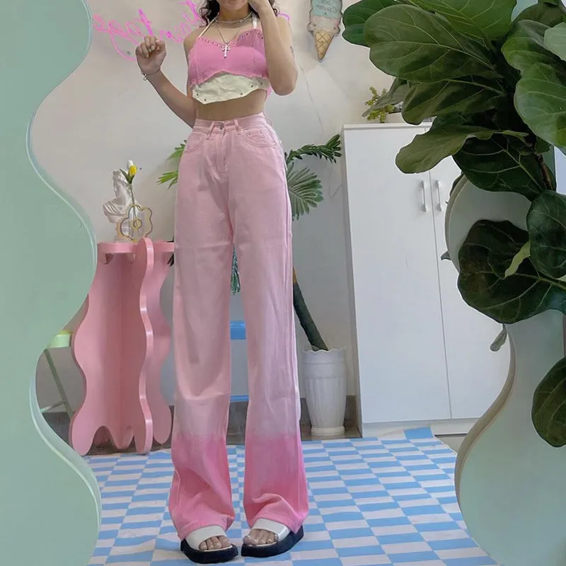Retro Girl Sweet Gradient Pink High Waist Jeans Pants