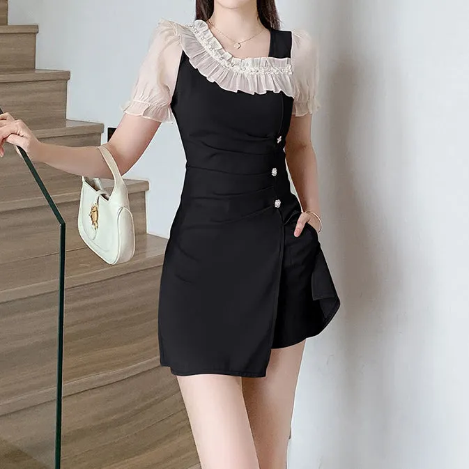 Ruffle Short Sleeve Waist Dress Shorts Set