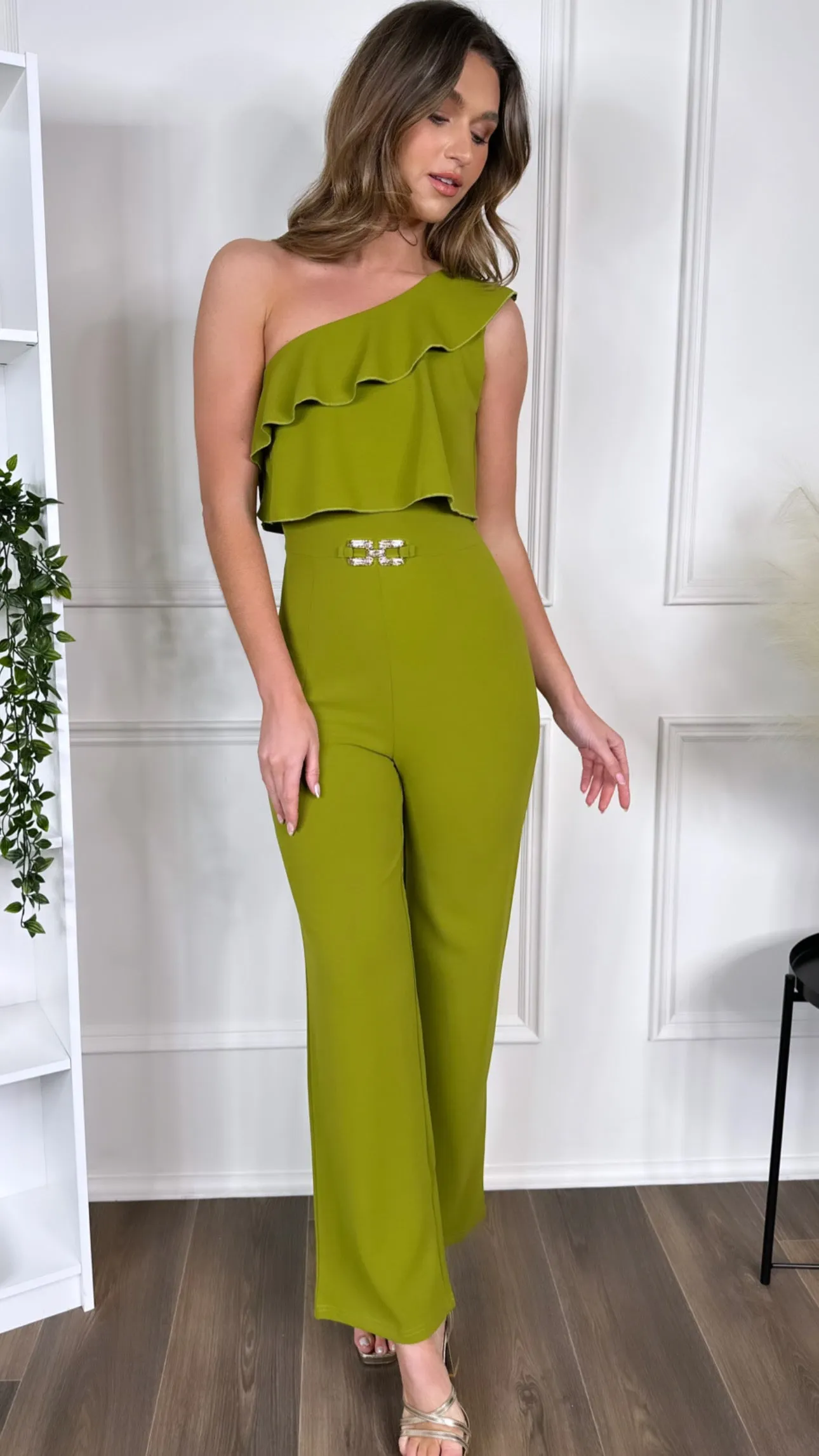 Sephora Green One Shoulder Ruffle Detail Jumpsuit