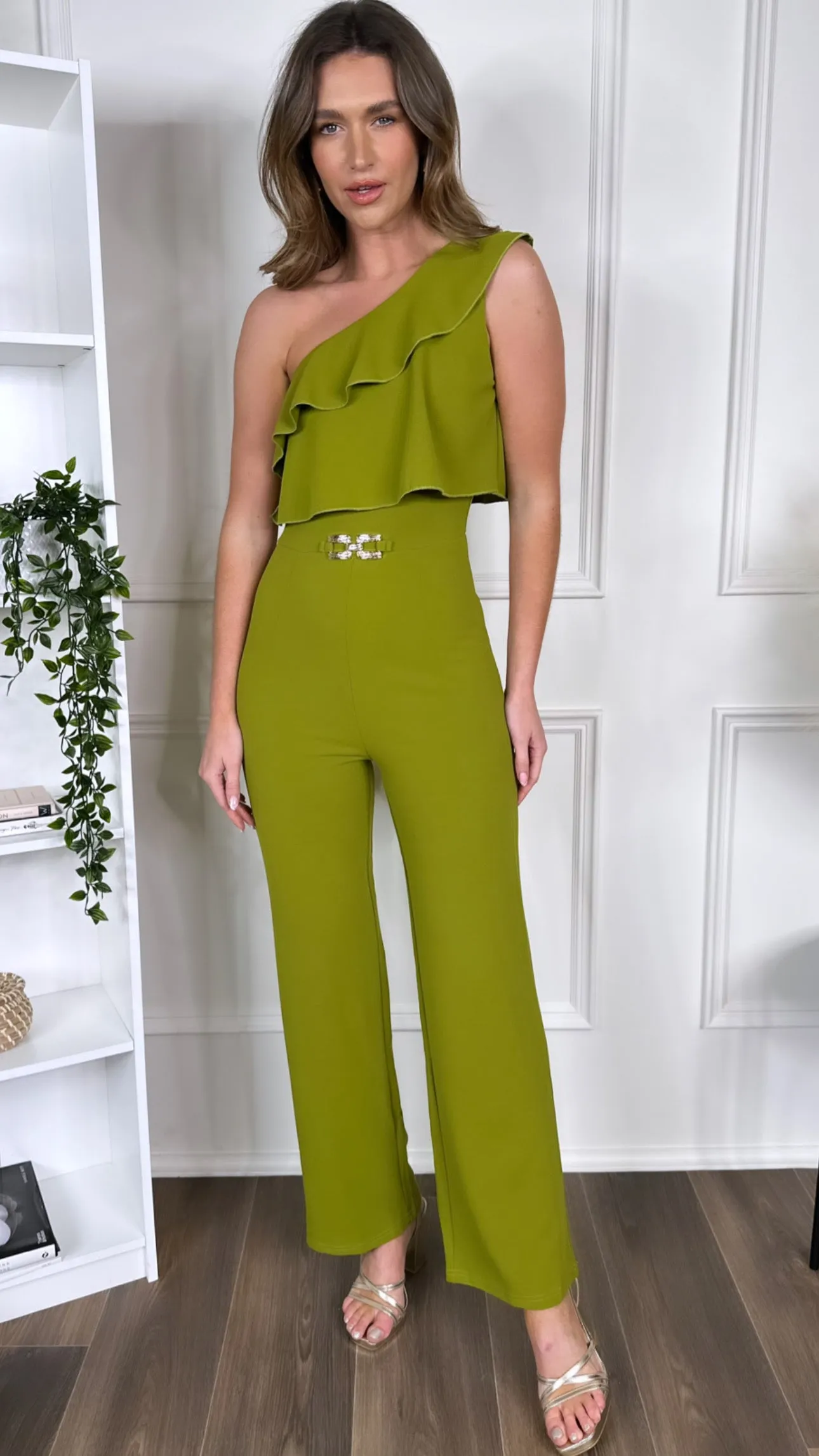 Sephora Green One Shoulder Ruffle Detail Jumpsuit