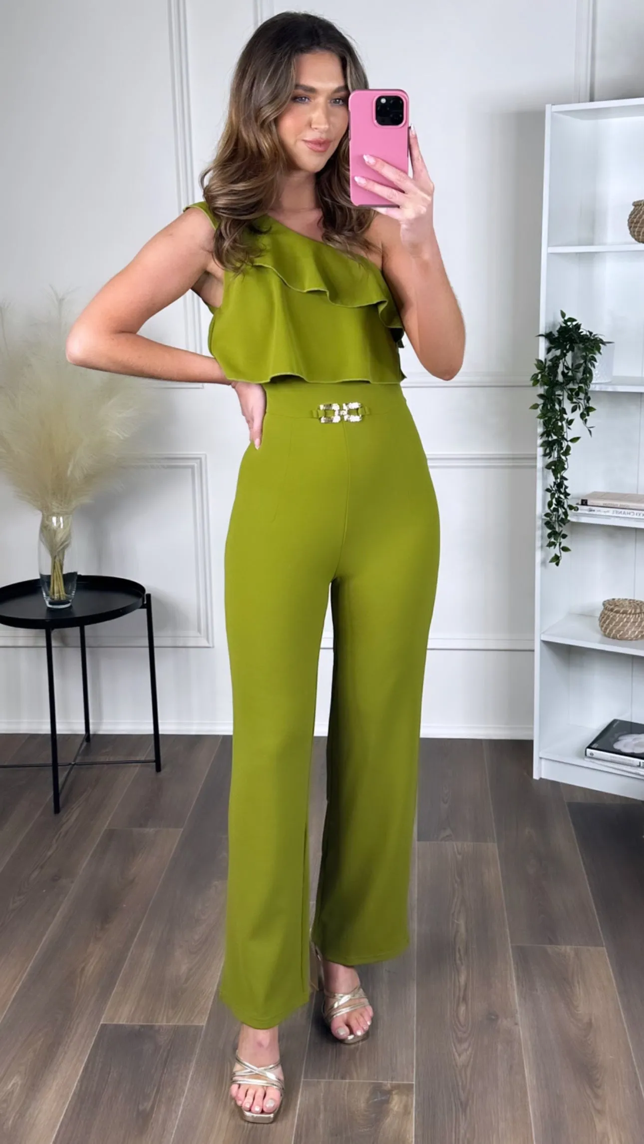 Sephora Green One Shoulder Ruffle Detail Jumpsuit
