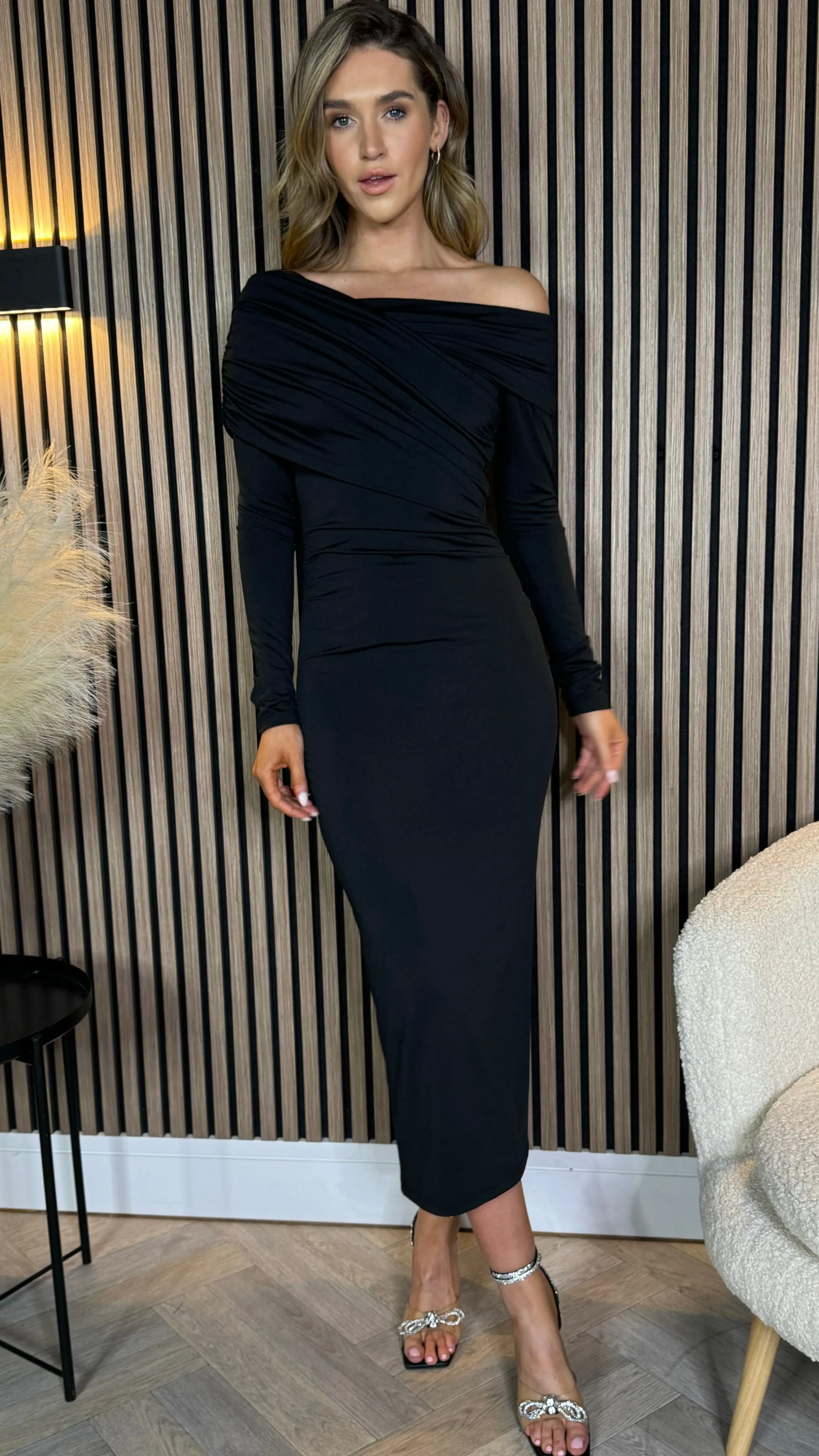 Sheridan Black Off Shoulder Wrap Effect Midi Dress