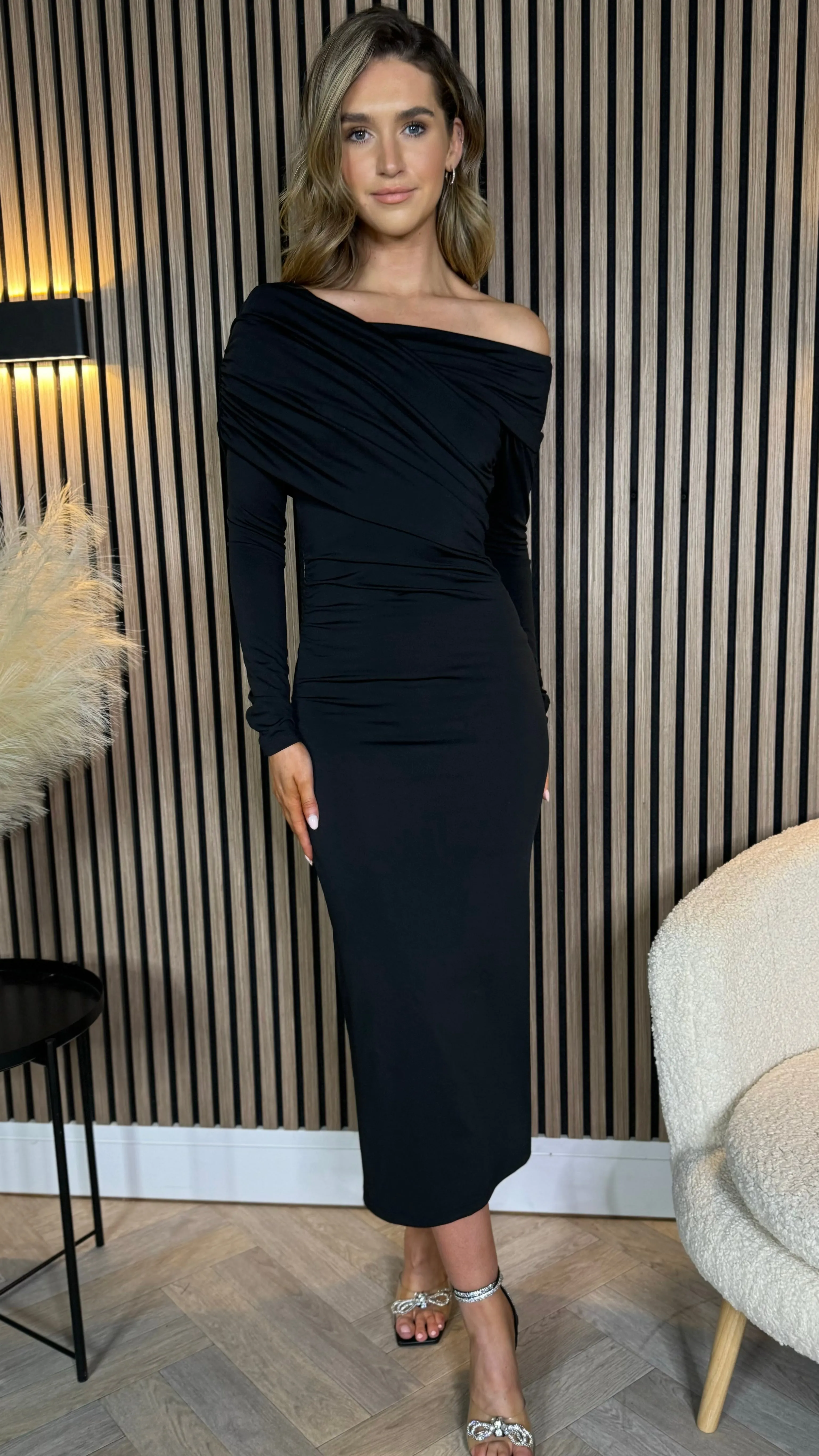 Sheridan Black Off Shoulder Wrap Effect Midi Dress