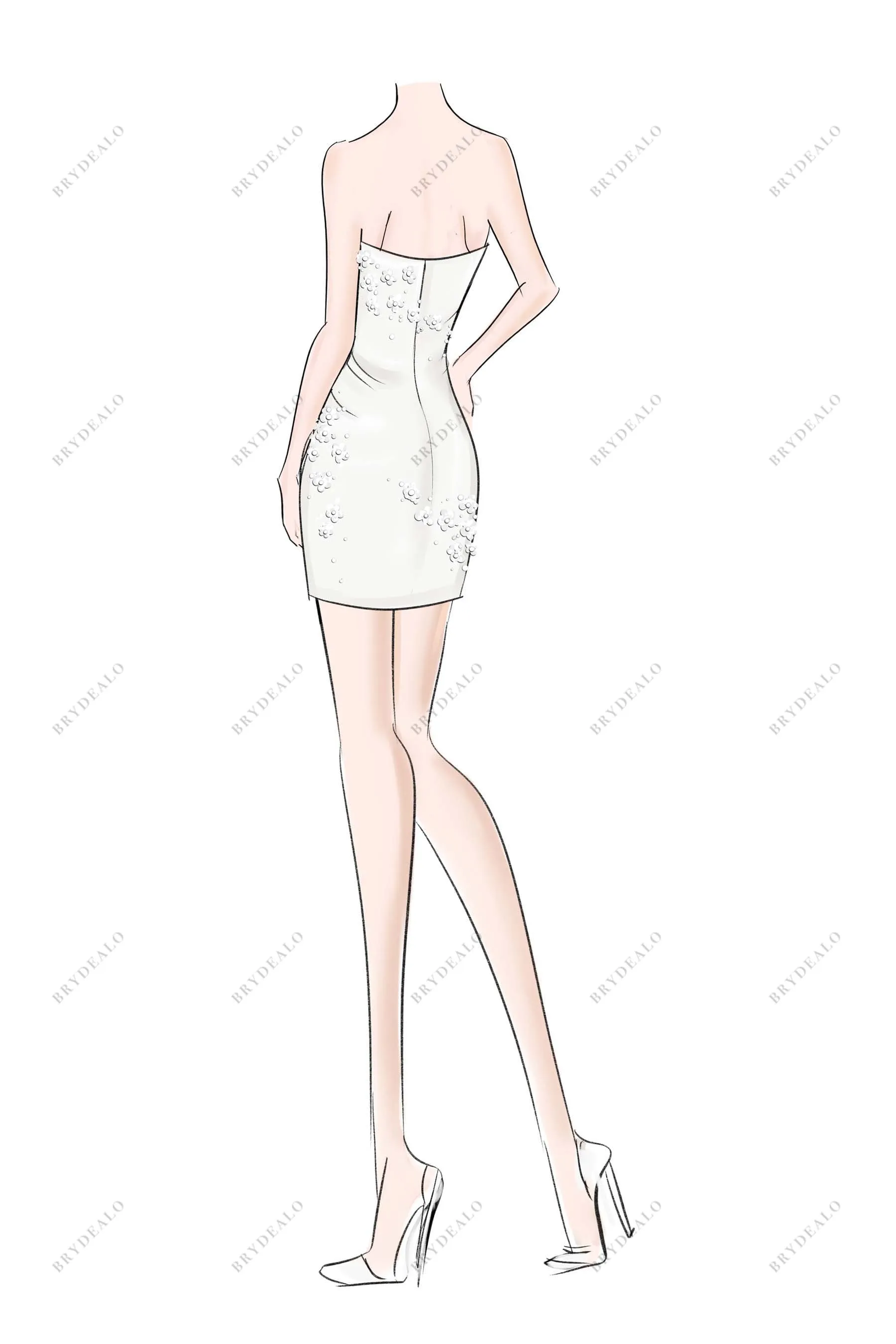Short Strapless Crepe Bodycon Designer Bridal Shower Dress Sketch