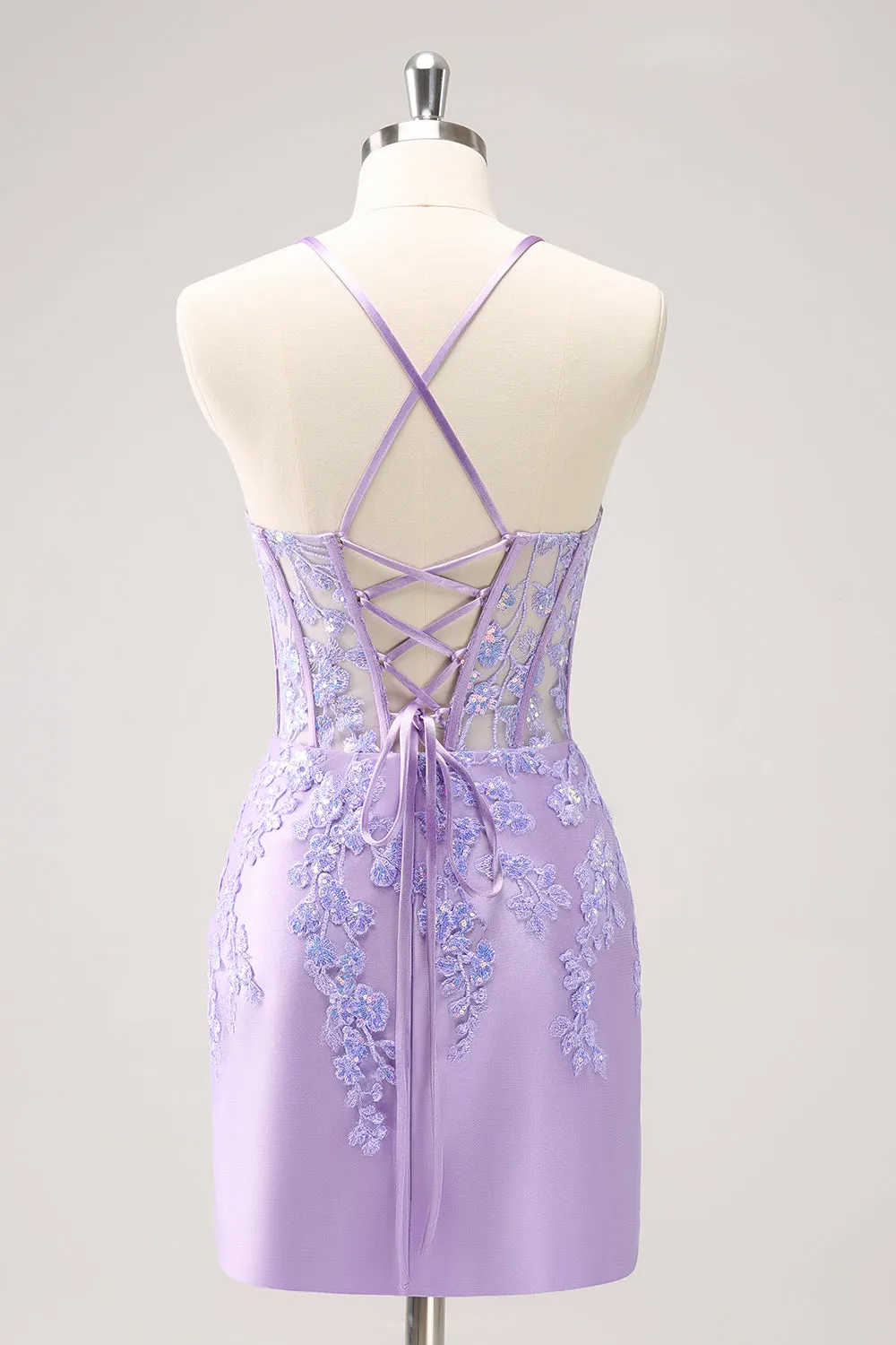 Sparkly Lilac Bodycon Spaghetti Straps Sequin Corset Homecoming Dress with Appliques